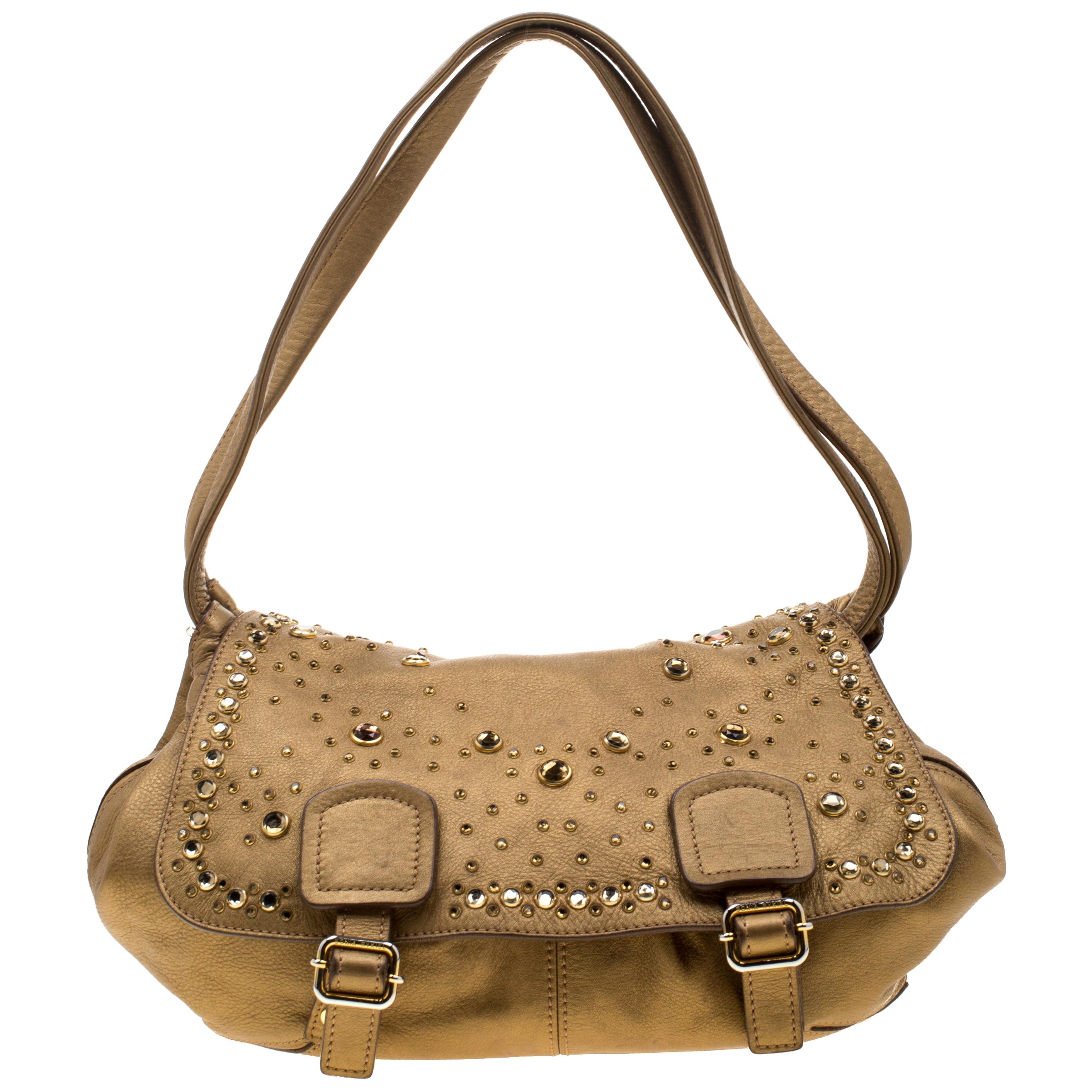 Sonia Rykiel Metallic Gold Leather Studded Shoulder Bag For Sale