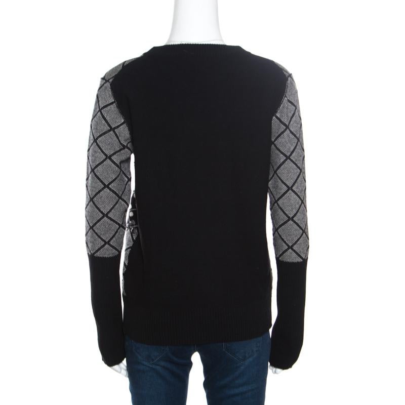 Black Sonia Rykiel Monochrome Diamond Pattern Wool Embellished Crew Neck Sweater L