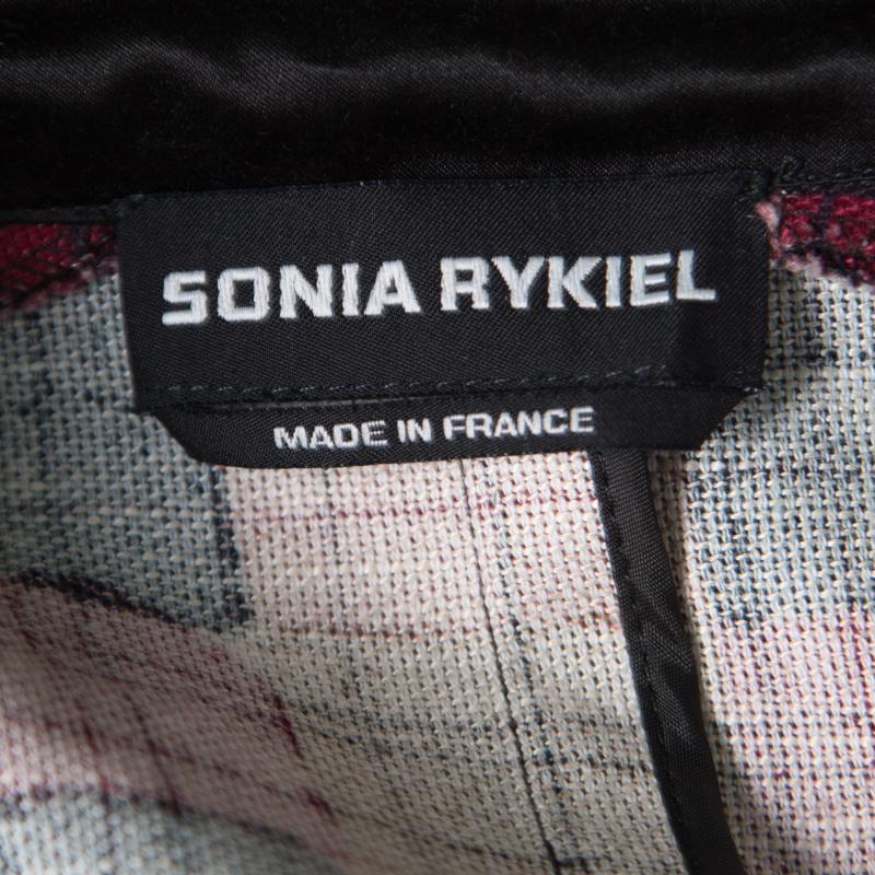 Sonia Rykiel Multicolor Checked Printed Cotton and Linen Contrast Collar Blazer  In Good Condition In Dubai, Al Qouz 2