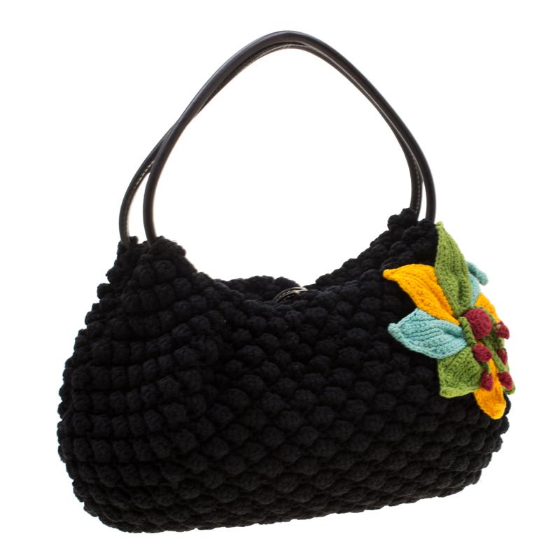 Black Sonia Rykiel Multicolor Floral Crochet Hobo For Sale