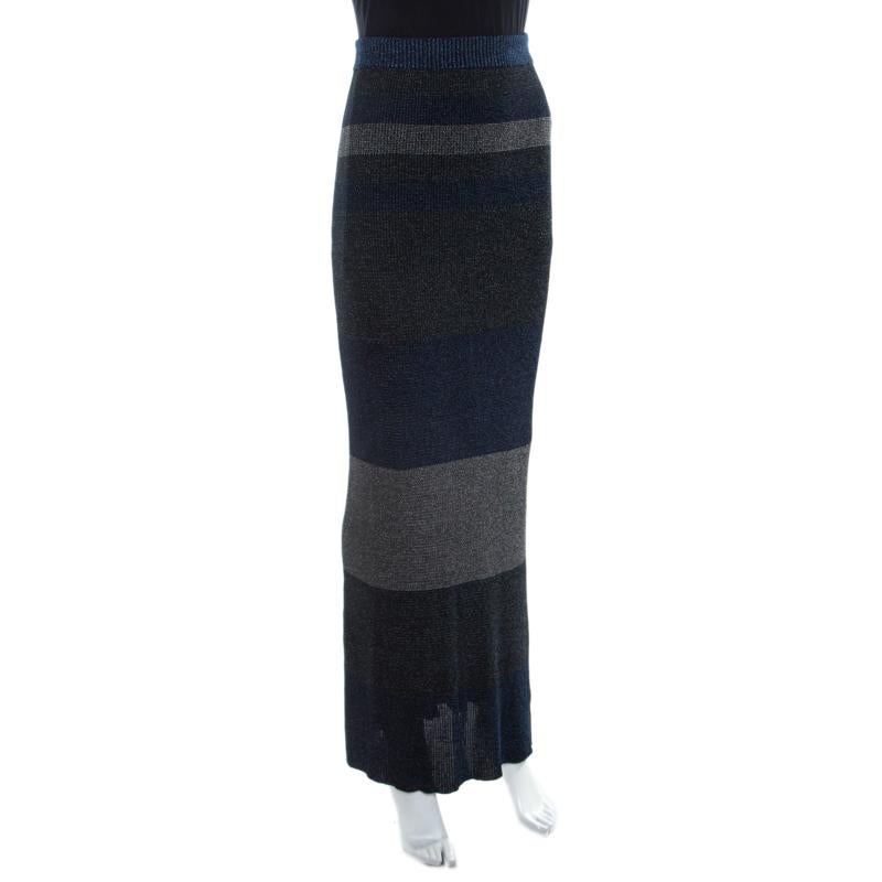 Enhance your ensemble with this Sonia Rykiel skirt which is knit from the finest materials featuring striped patterns. Make this charming multicolored skirt more graceful by pairing it with a sleeveless top, a crossbody bag, and leather