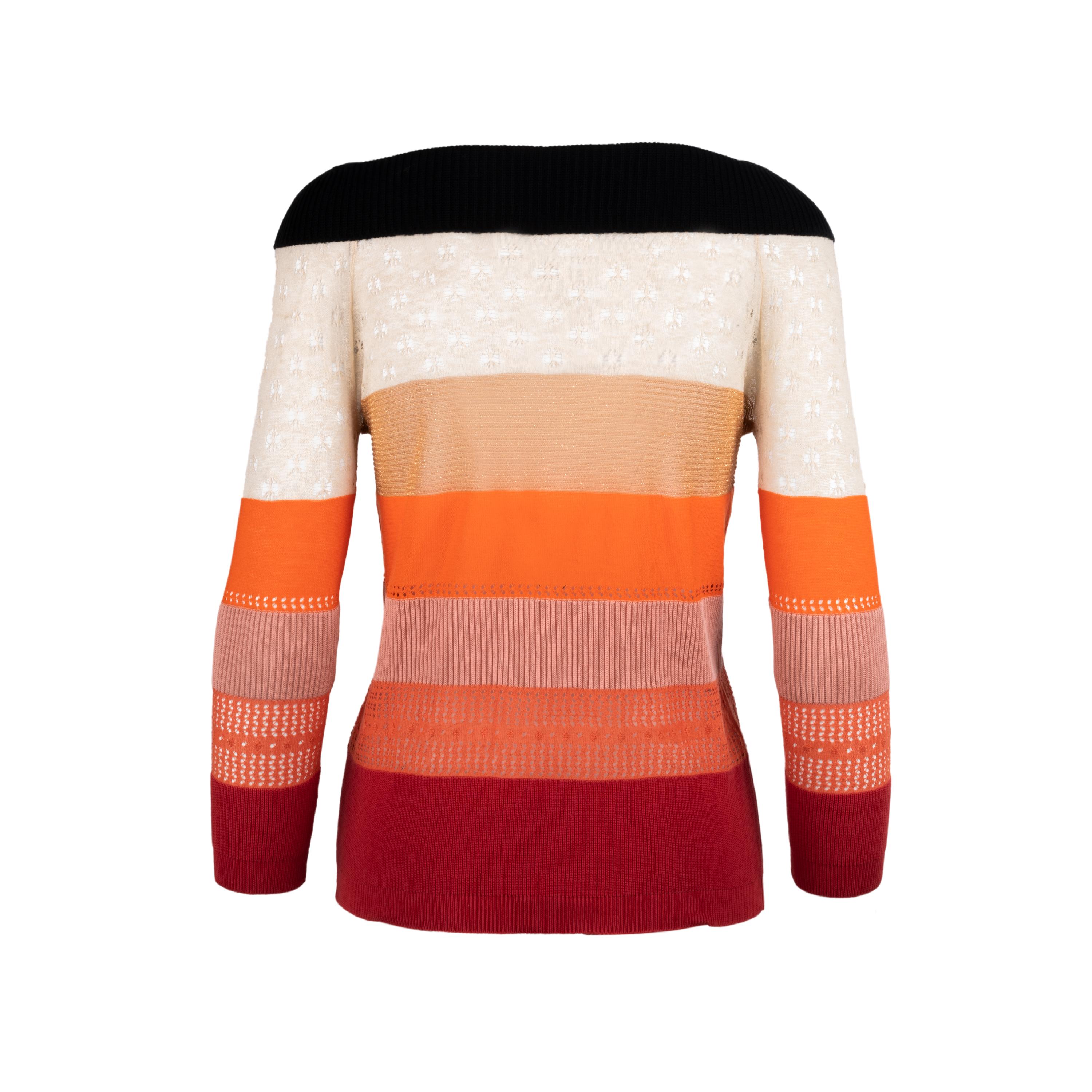 Sonia Rykiel mehrfarbiger Pullover aus halbdurchsichtiger Baumwolle. Boot-Ausschnitt Design.