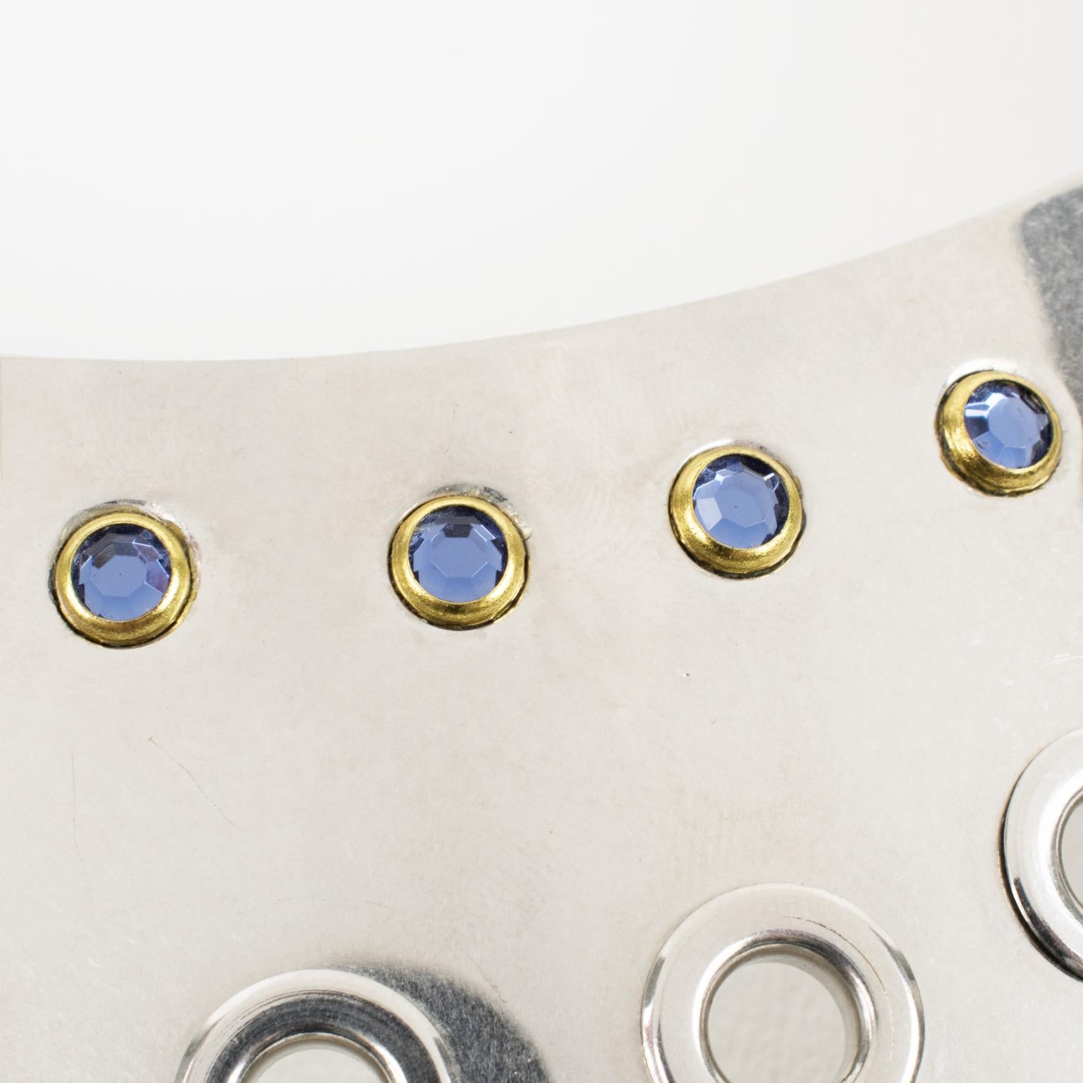 Sonia Rykiel Paris Futuristic Chrome Bib Necklace with Blue Crystals For Sale 5