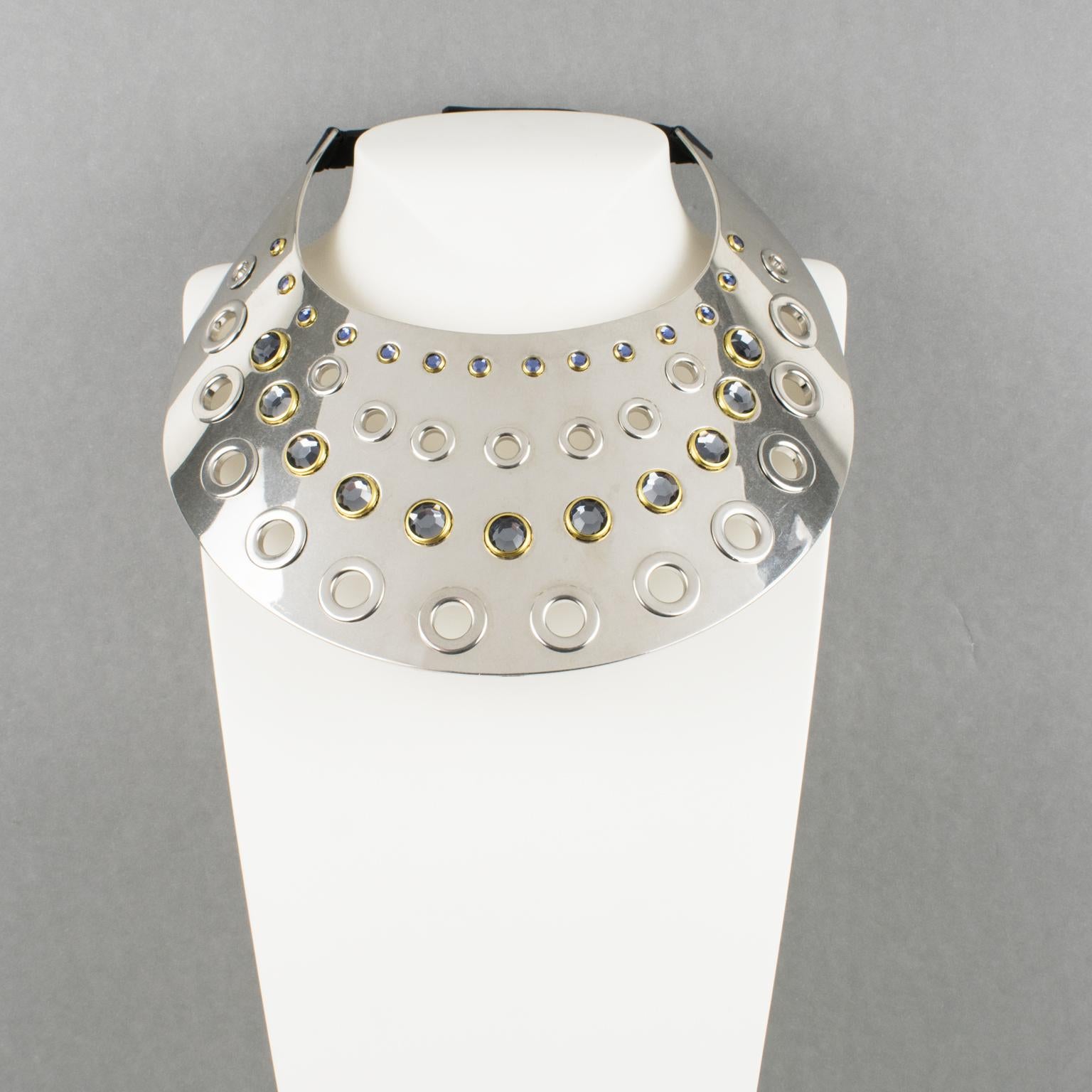 Modernist Sonia Rykiel Paris Futuristic Chrome Bib Necklace with Blue Crystals For Sale