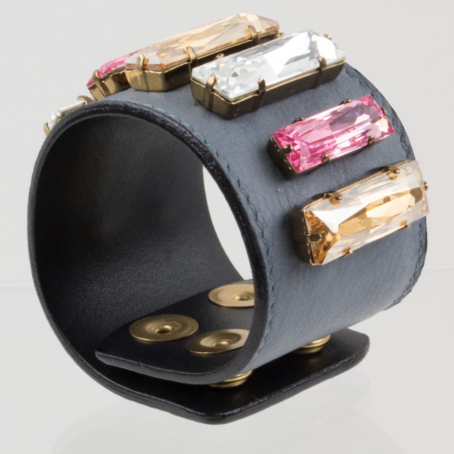 Sonia Rykiel Paris Pastel Jeweled and Gray Leather Belt Bracelet For Sale 7