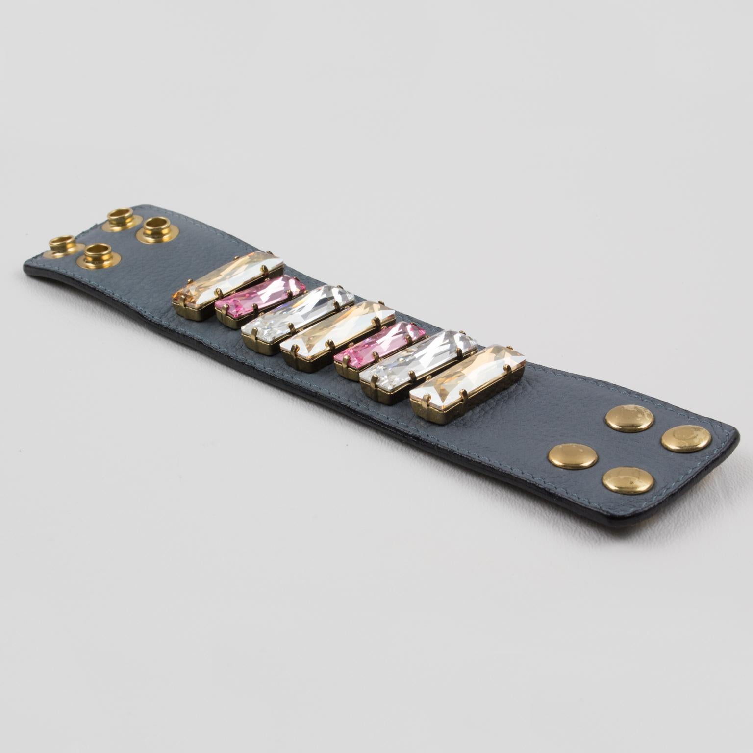 Modernist Sonia Rykiel Paris Pastel Jeweled and Gray Leather Belt Bracelet For Sale