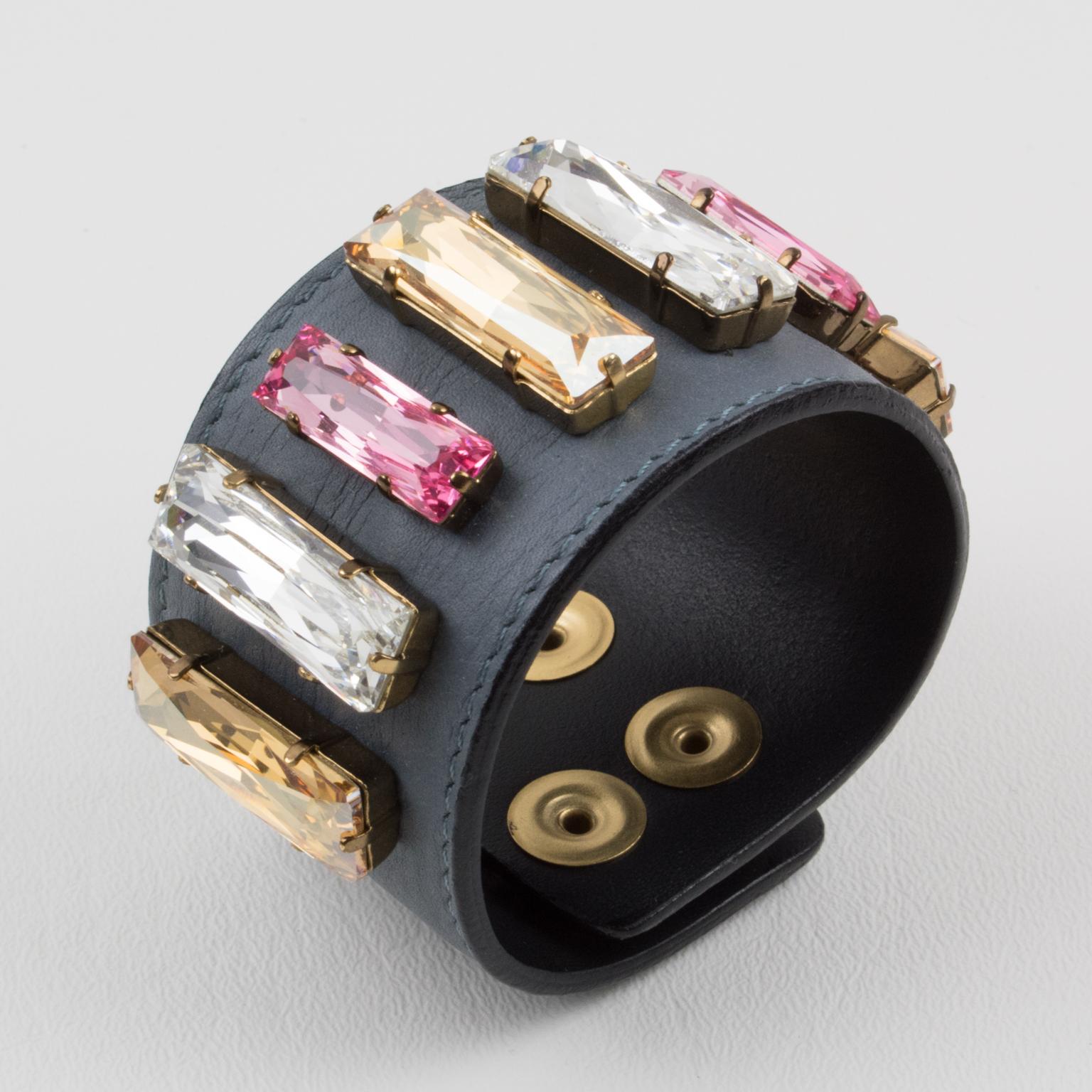 Sonia Rykiel Paris Pastel Jeweled and Gray Leather Belt Bracelet In Good Condition For Sale In Atlanta, GA