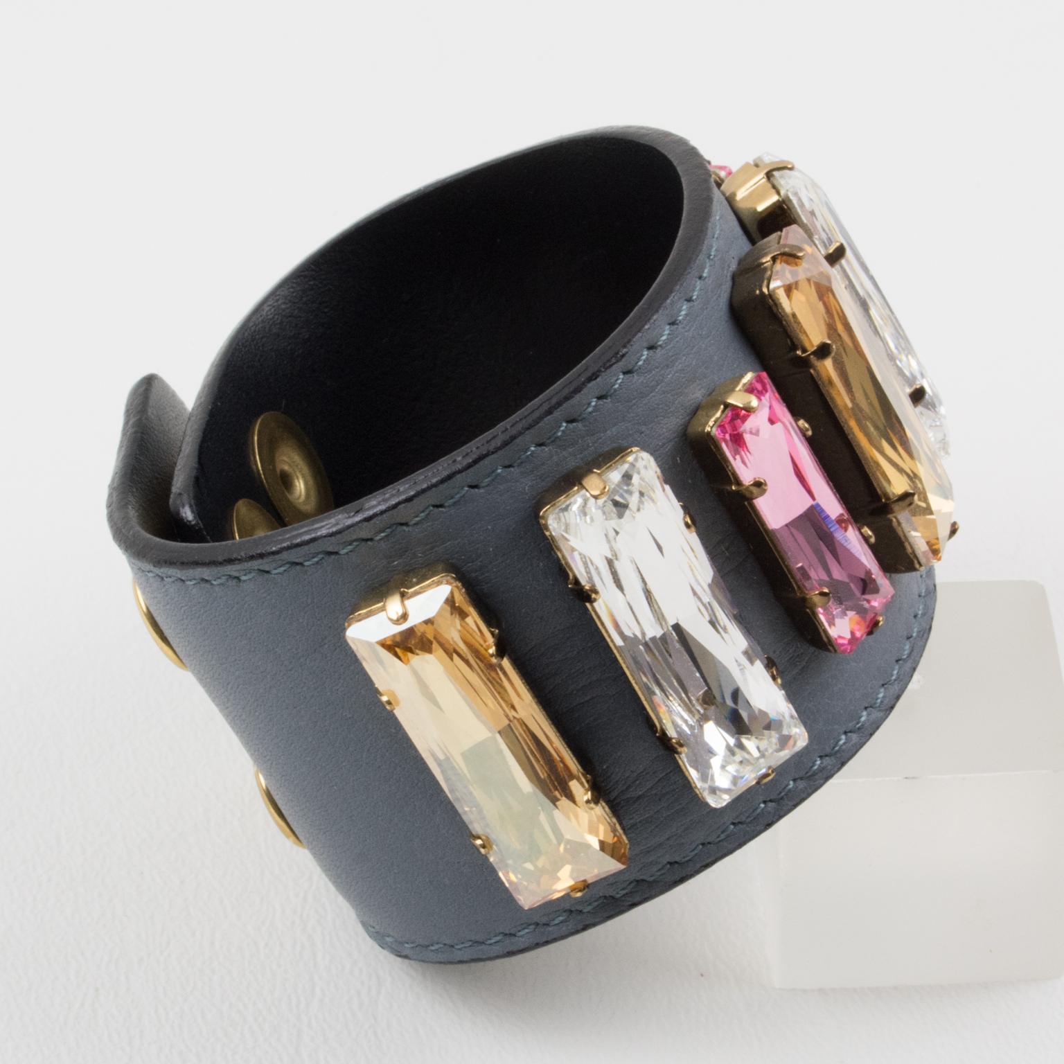 Modernist Sonia Rykiel Paris Pastel Jeweled and Gray Leather Belt Bracelet For Sale