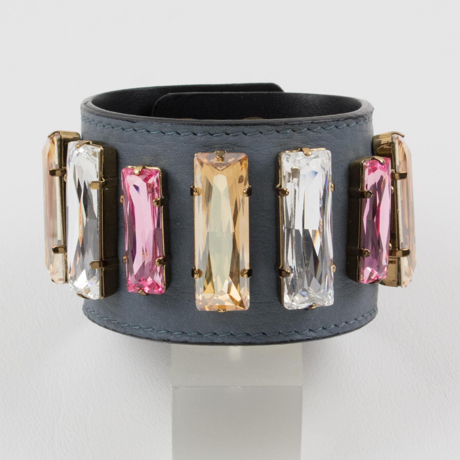 Sonia Rykiel Paris Pastel Jeweled and Gray Leather Belt Bracelet In Good Condition For Sale In Atlanta, GA