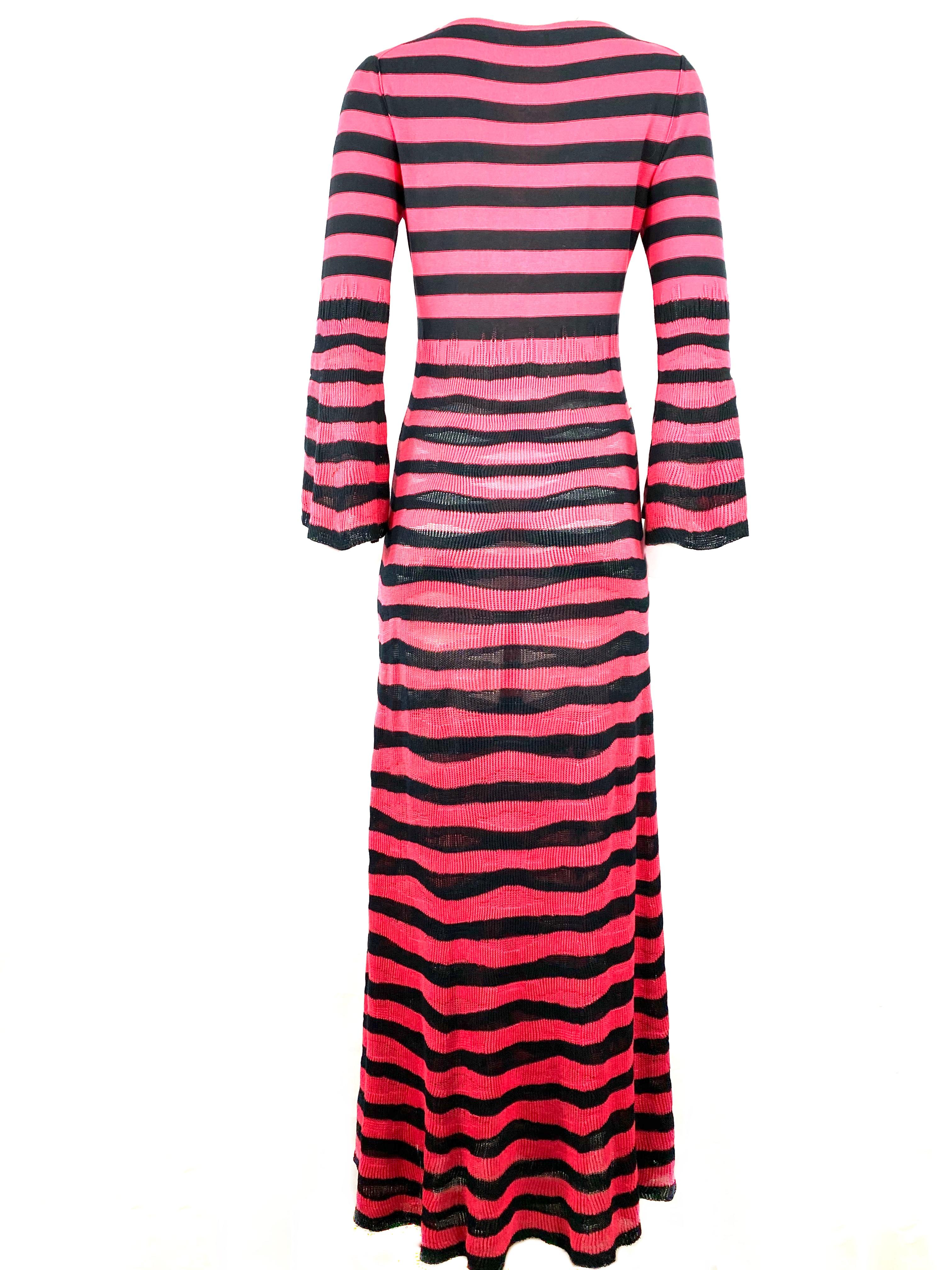 Sonia Rykiel Paris Pink and Navy Striped Maxi Dress w/ Flower Brooch Size 38 For Sale 3