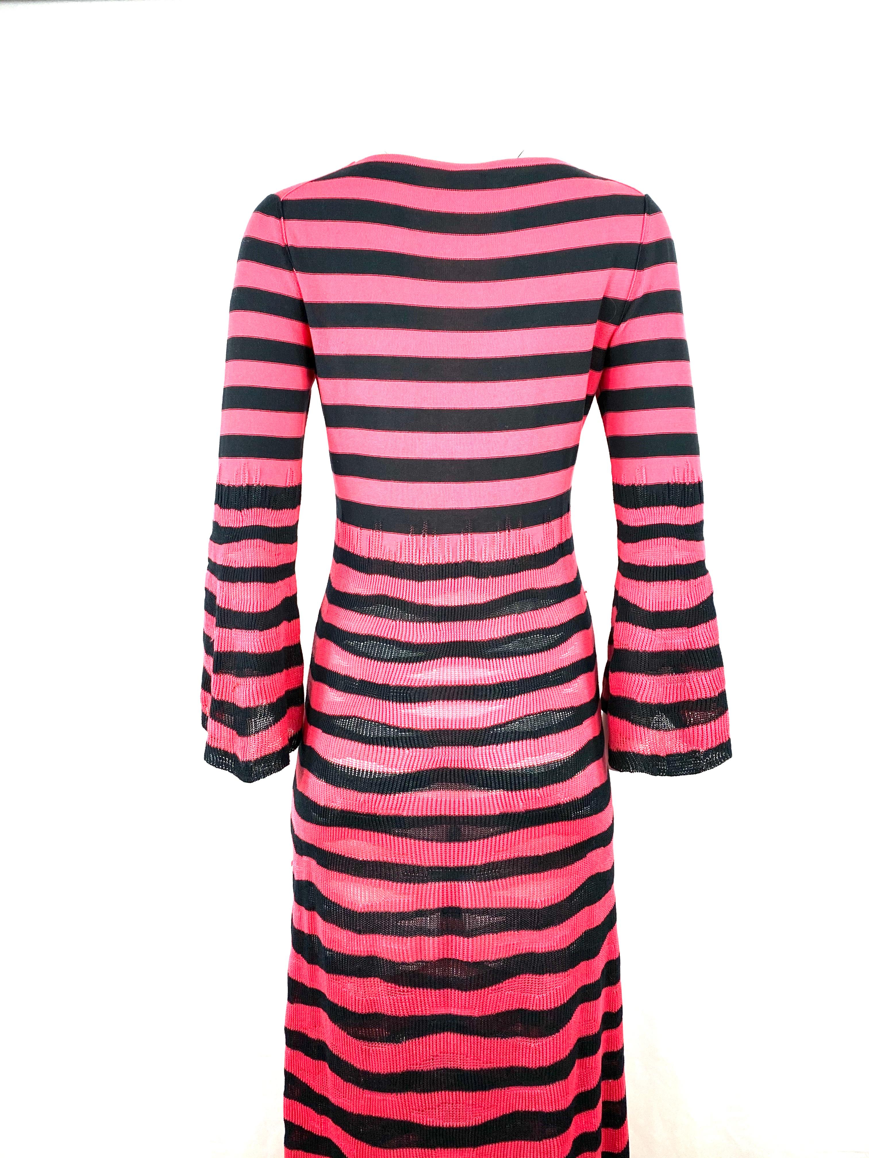 Sonia Rykiel Paris Pink and Navy Striped Maxi Dress w/ Flower Brooch Size 38 For Sale 4