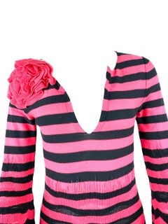 Sonia Rykiel Paris Pink and Navy Striped Maxi Dress w/ Flower Brooch Size 38