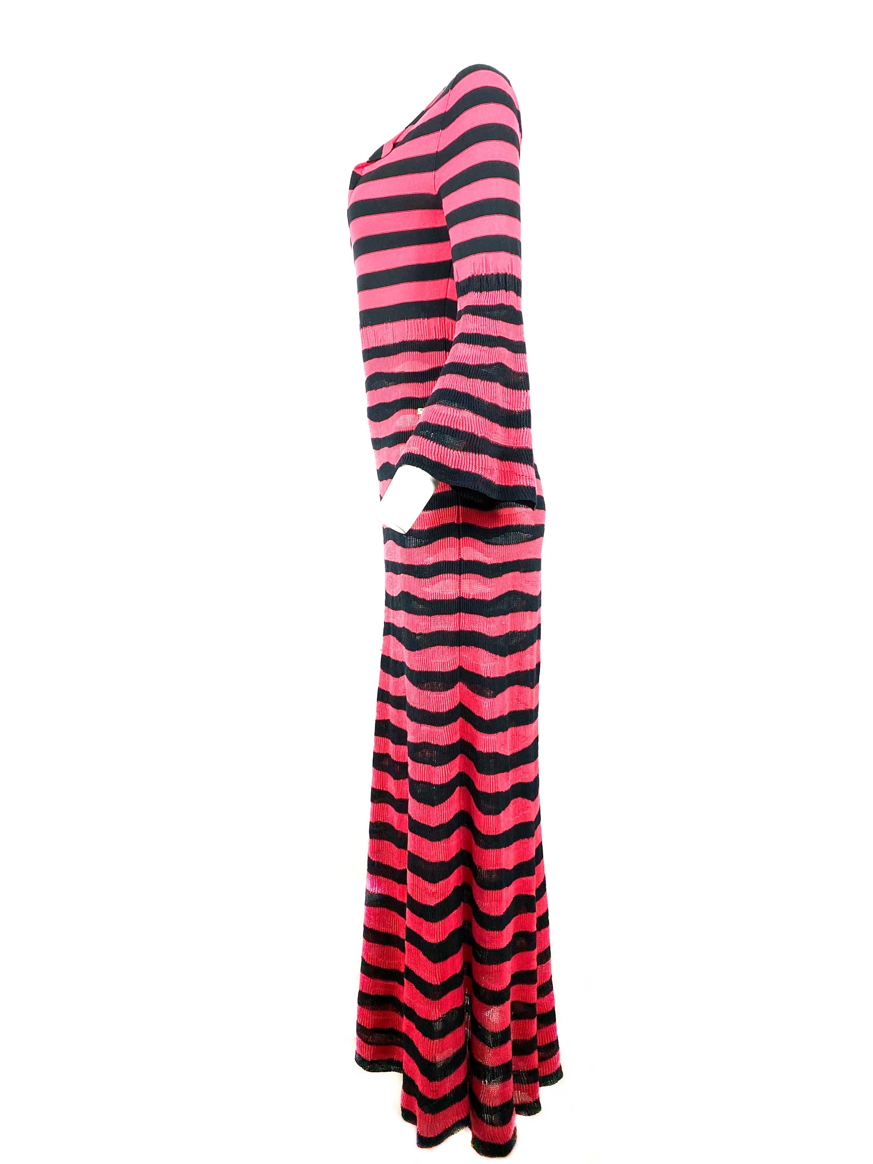 Sonia Rykiel Paris Pink and Navy Striped Maxi Dress w/ Flower Brooch Size 38 In Excellent Condition For Sale In Beverly Hills, CA