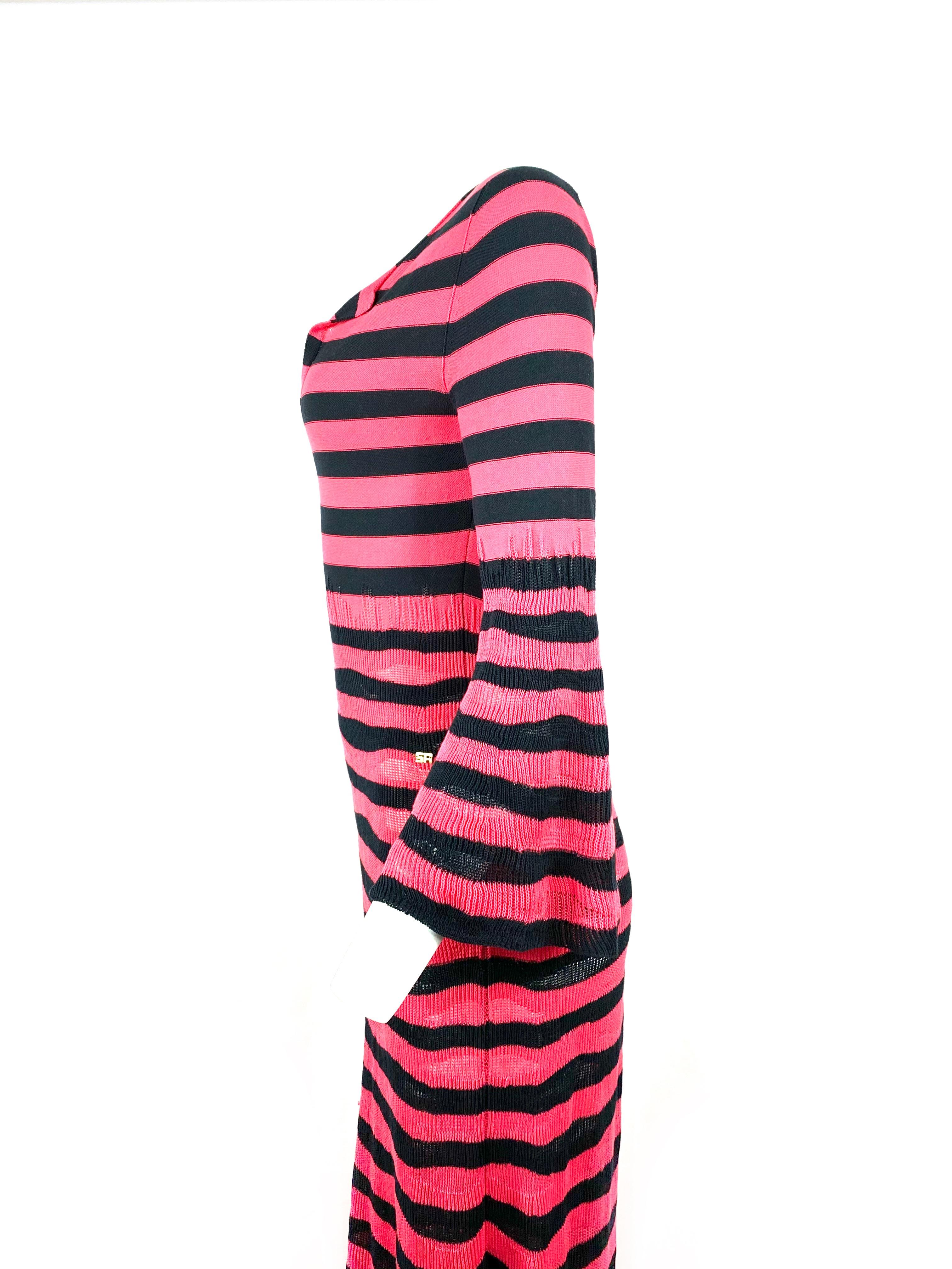 Women's Sonia Rykiel Paris Pink and Navy Striped Maxi Dress w/ Flower Brooch Size 38 For Sale