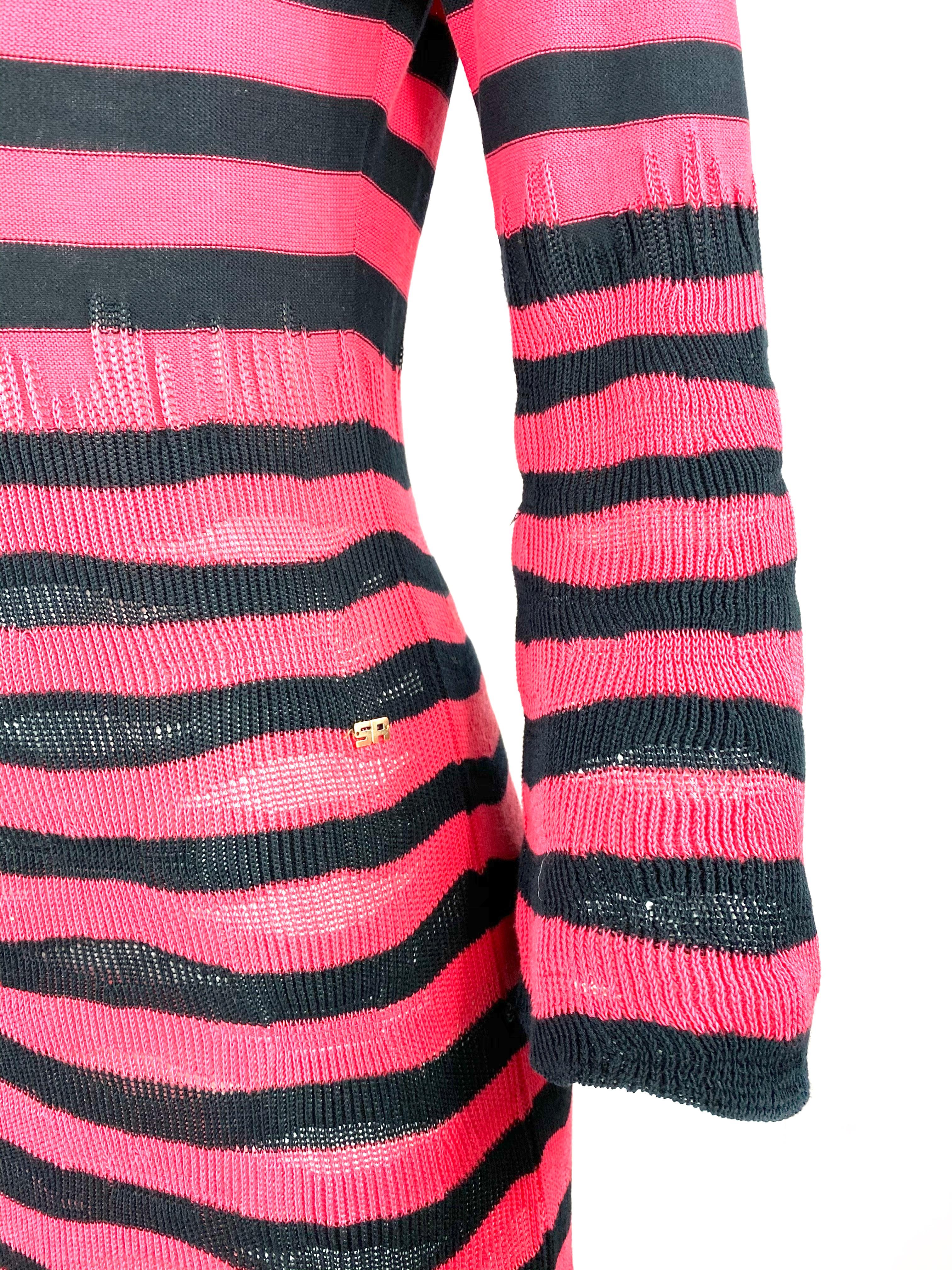 Sonia Rykiel Paris Pink and Navy Striped Maxi Dress w/ Flower Brooch Size 38 For Sale 1
