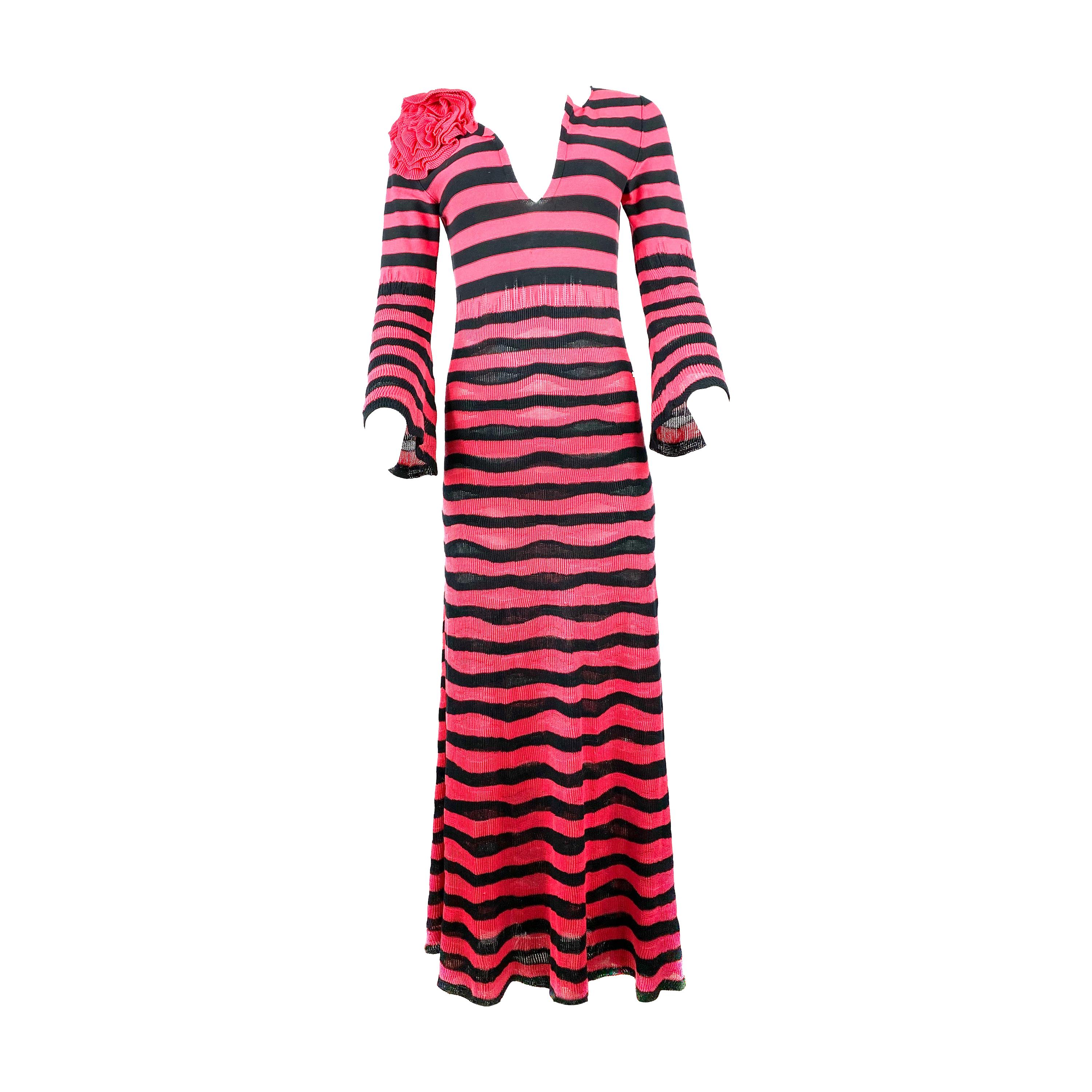 Sonia Rykiel Paris Pink and Navy Striped Maxi Dress w/ Flower Brooch Size 38 For Sale