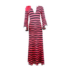 Sonia Rykiel Paris Pink and Navy Striped Maxi Dress w/ Flower Brooch Size 38