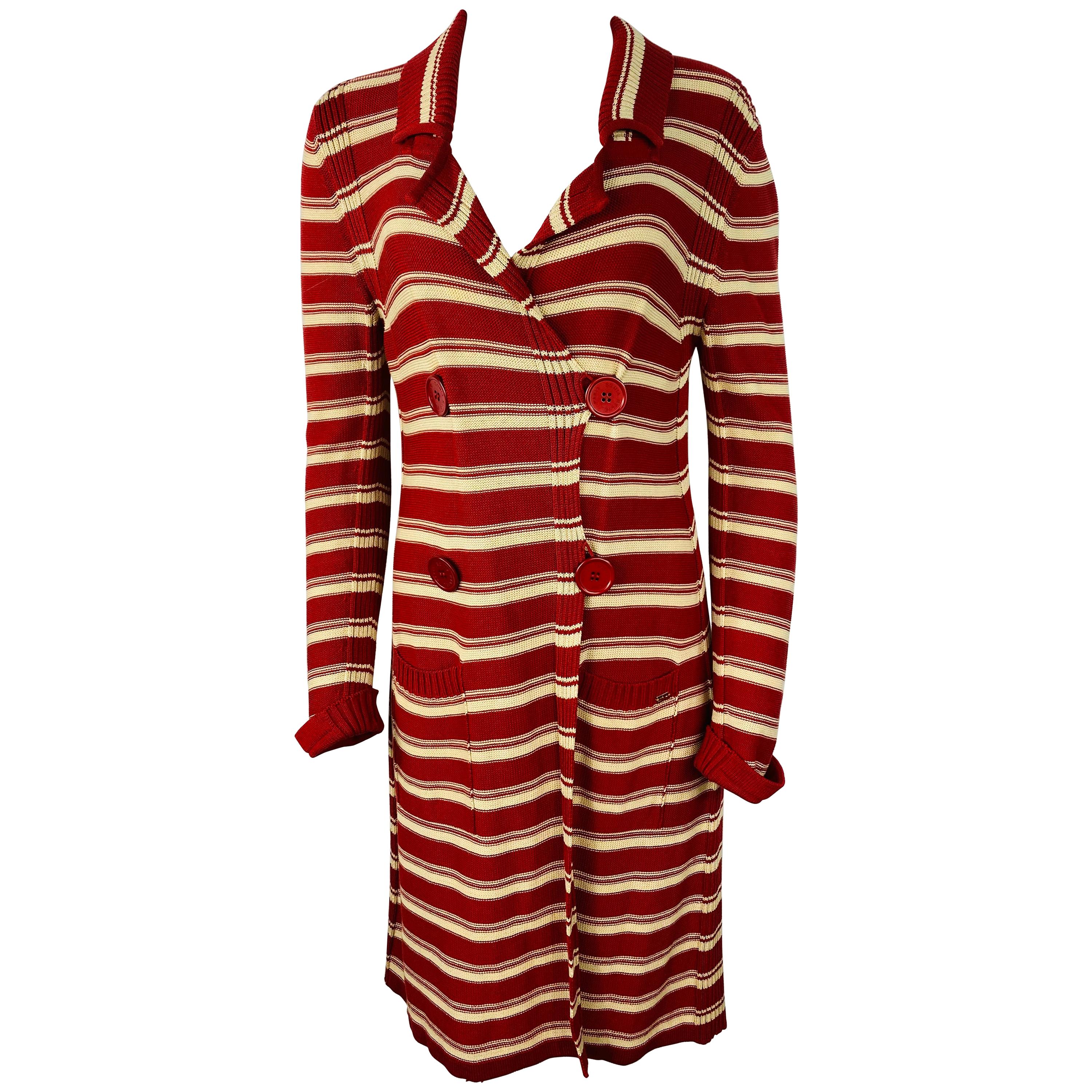 Sonia Rykiel Paris Red and White Knit Cotton Cardigan Sweater, Size 42 For Sale