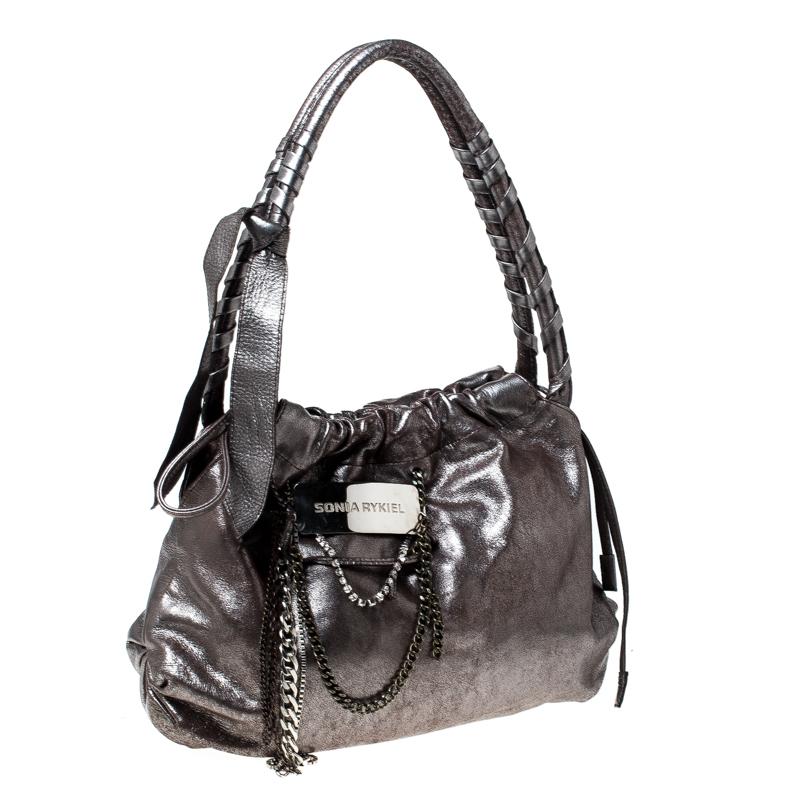 Sonia Rykiel Silver Leather Chain Embellished Shoulder Bag In Fair Condition For Sale In Dubai, Al Qouz 2