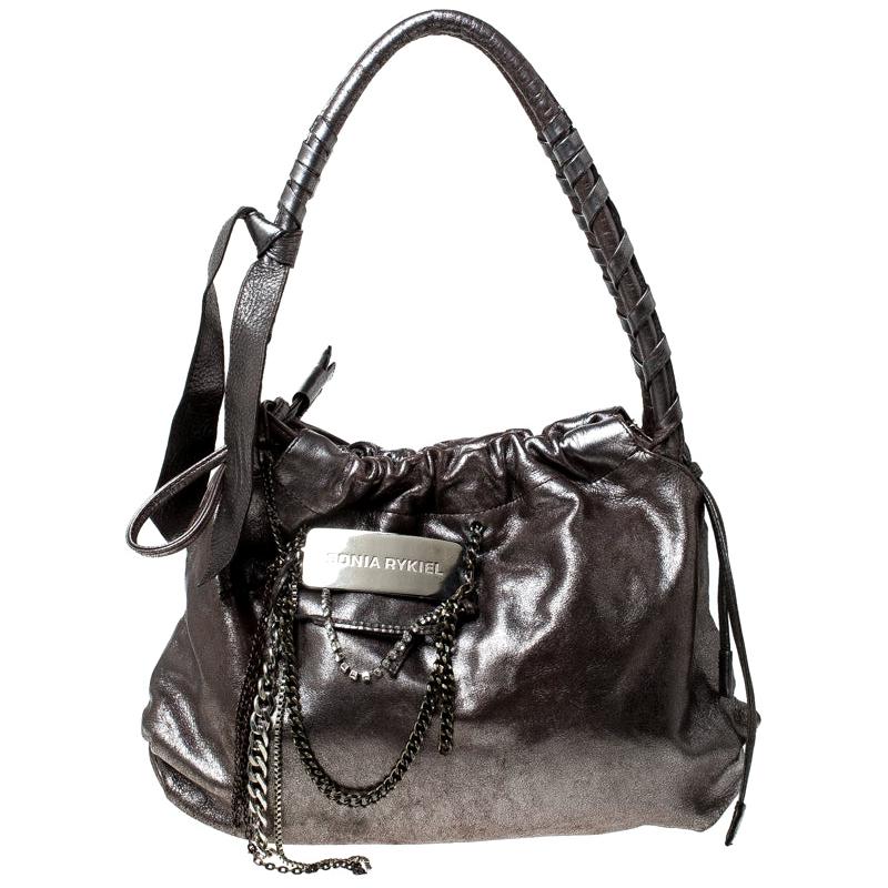 Sonia Rykiel Silver Leather Chain Embellished Shoulder Bag For Sale