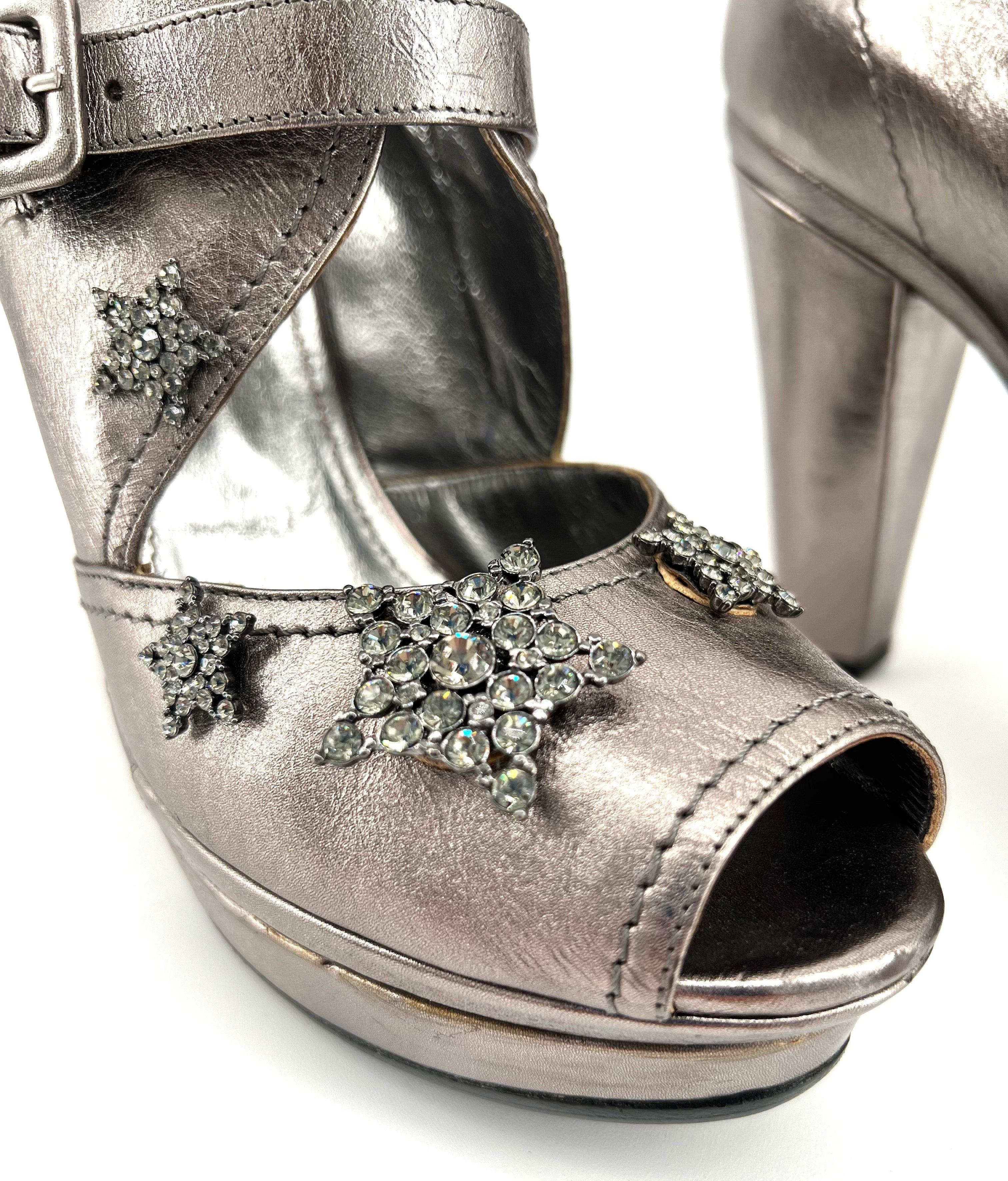 Sonia Rykiel Silver Leather Rhinestone Glam-Rock Star Platforms In Good Condition For Sale In Los Angeles, CA