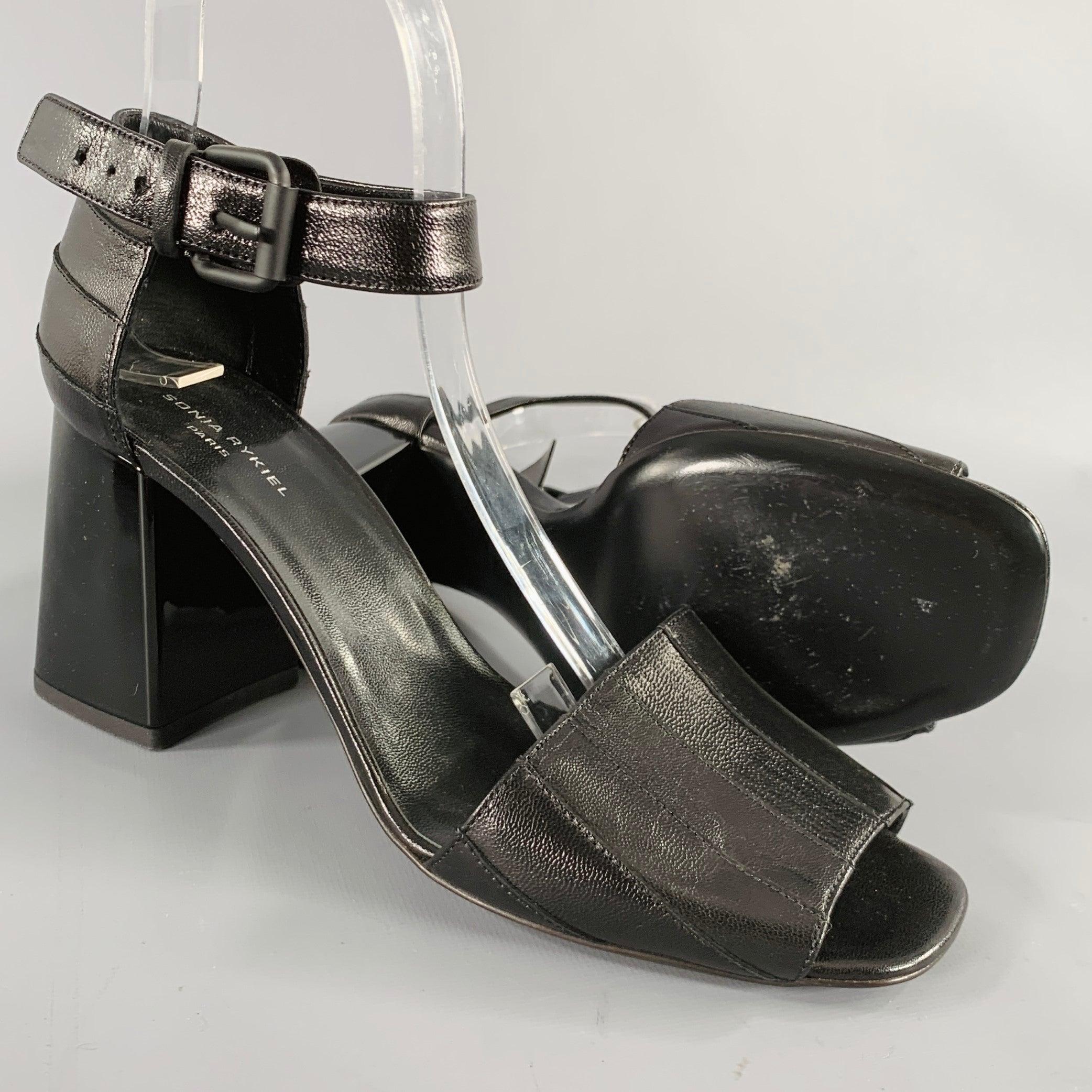 Women's SONIA RYKIEL Size 10 Black Leather Stripe Ankle Strap Sandals