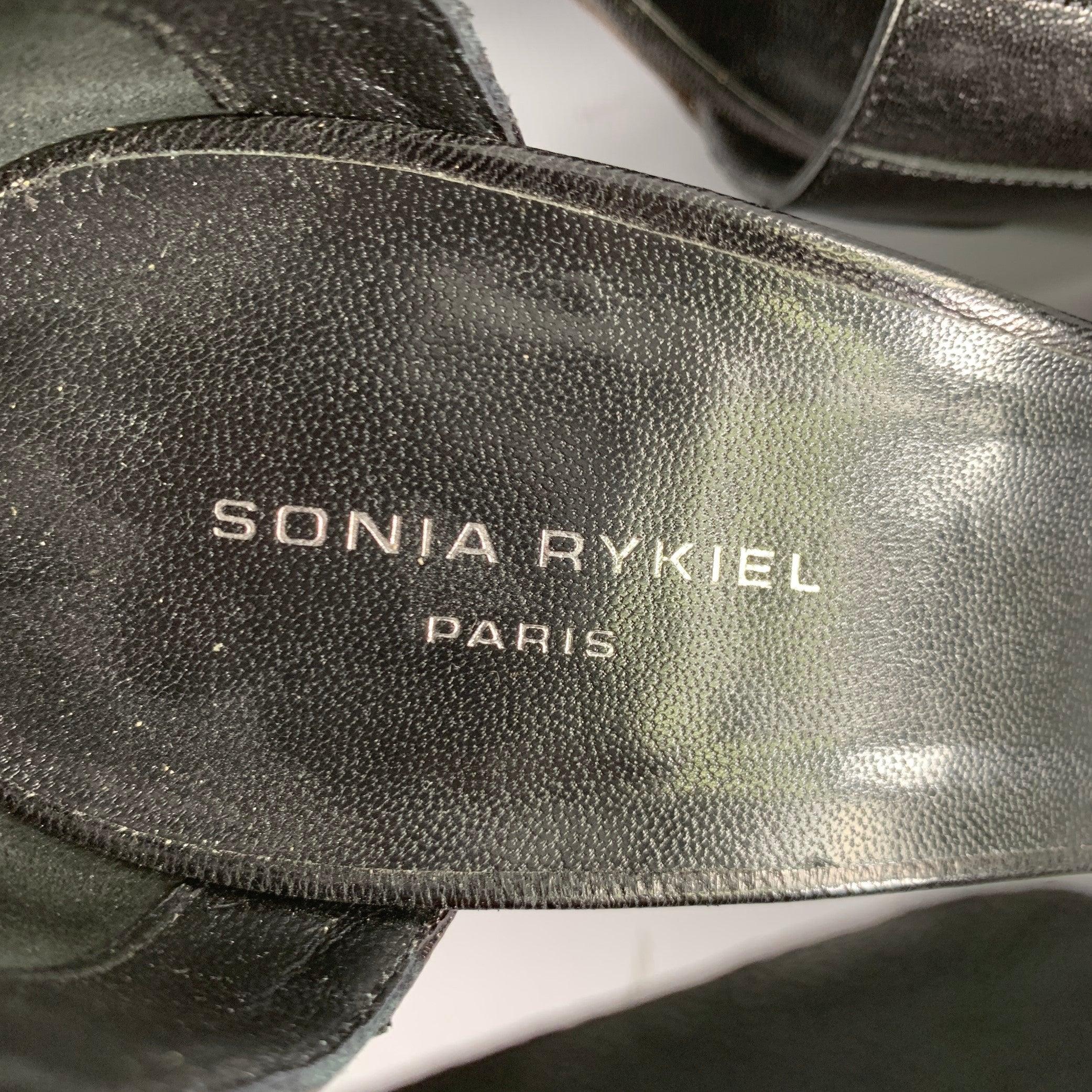 SONIA RYKIEL Size 10 Black Leather Stripe Ankle Strap Sandals 2