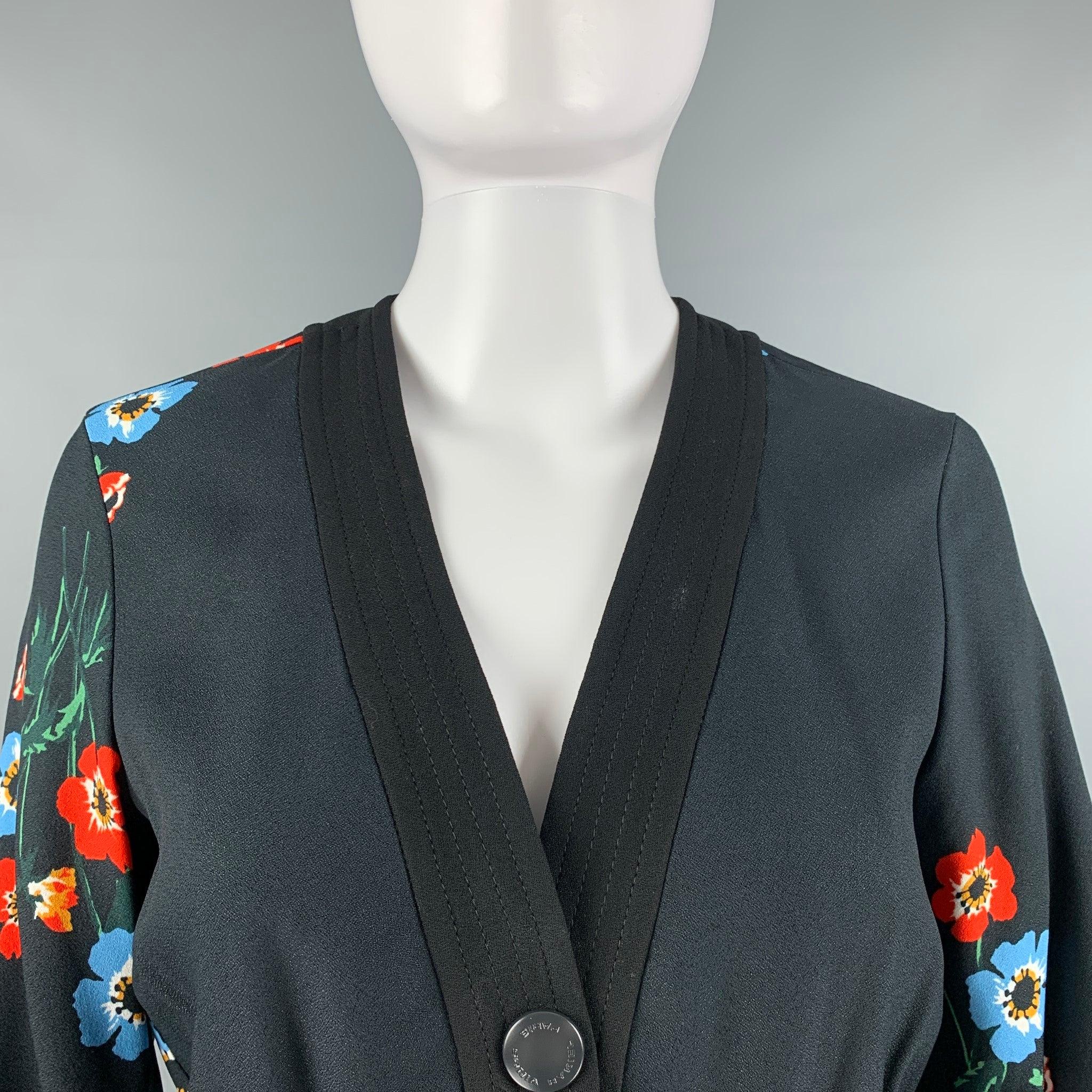 SONIA RYKIEL long sleeve dress comes in a black and multi-color floral viscose woven material featuring a shirt dress style, elastic waist, patch pockets, v-neck, and and front snap button closure.Excellent Pre-Owned Condition. 

Marked:   34