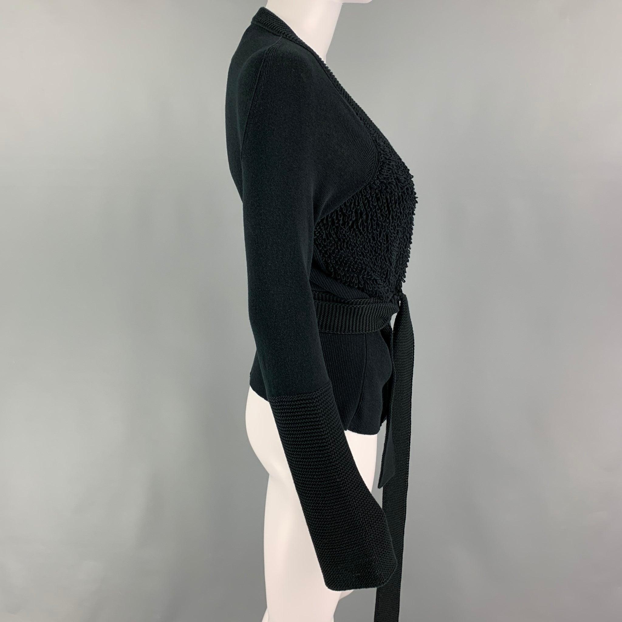 SONIA RYKIEL Size 6 Black Cotton Textured Belted Cardigan In Good Condition In San Francisco, CA
