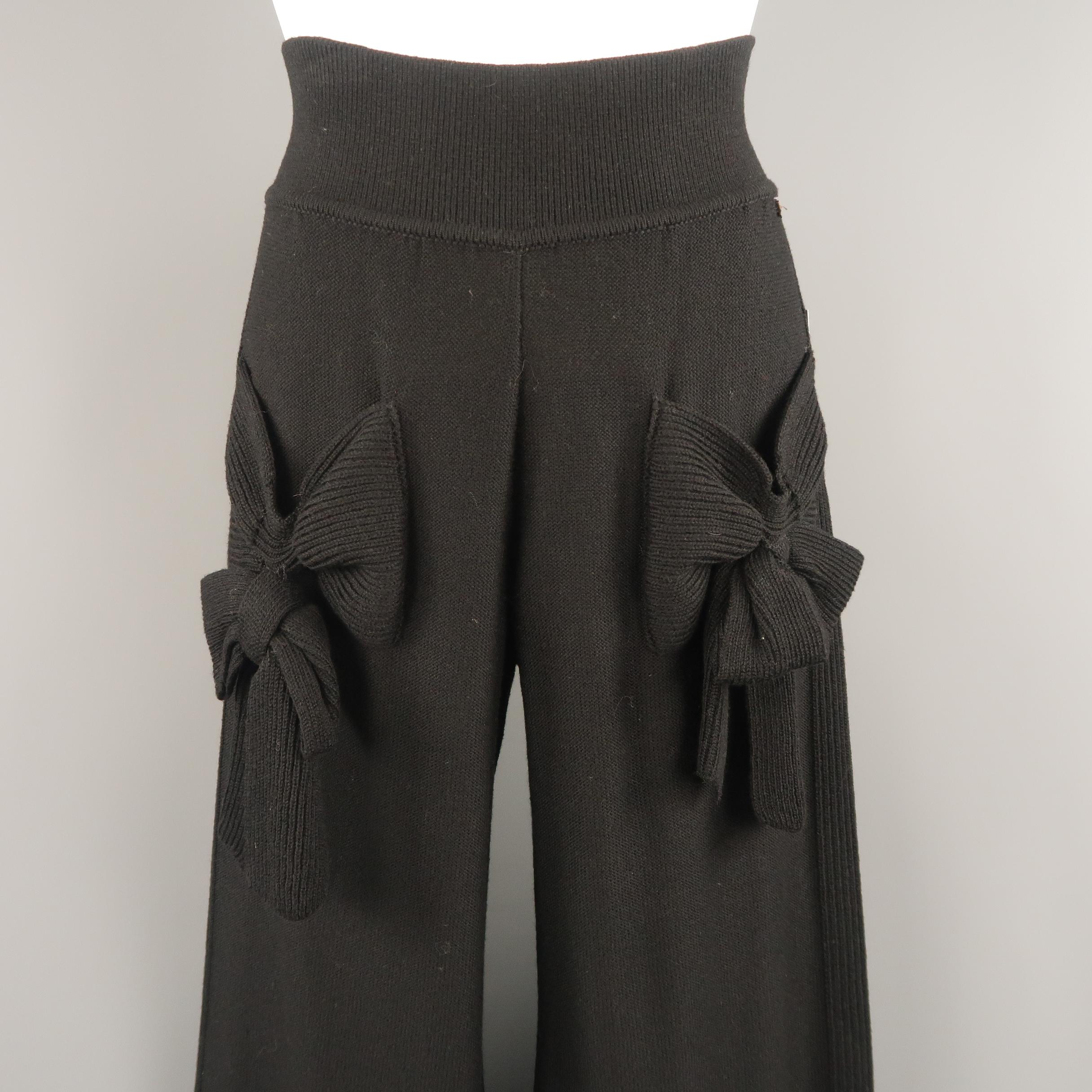SONIA RYKIEL Size 8 Black Virgin Wool Blend Knit Wide Leg Bow Pants In Good Condition In San Francisco, CA