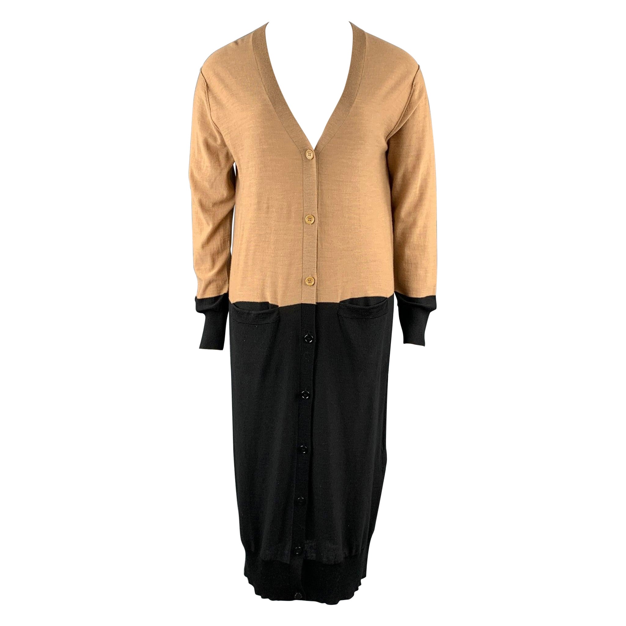 SONIA RYKIEL Taglia L Cardigan in lana a blocchi di colore lavorato a maglia nero/beige