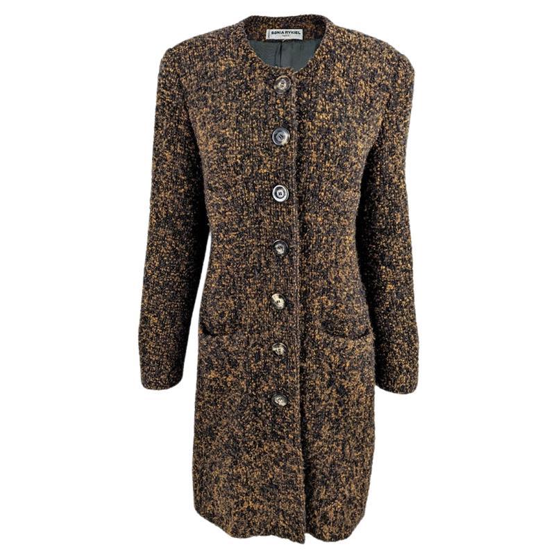 Sonia Rykiel Vintage 1980s Brown & Black Wool Bouclé Tweed Collarless Coat