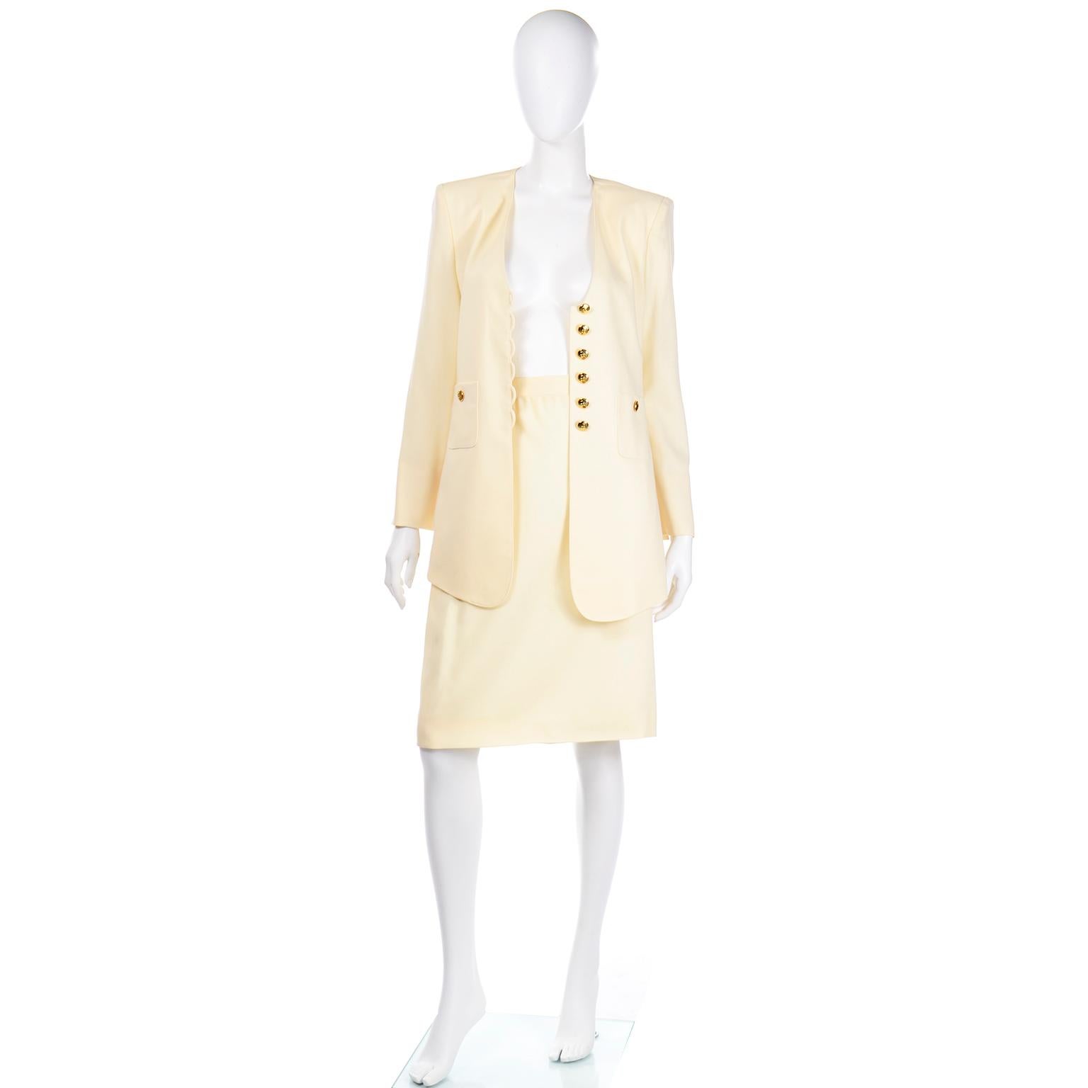 White Sonia Rykiel Vintage Cream Wool Longline Blazer Jacket and Skirt Suit