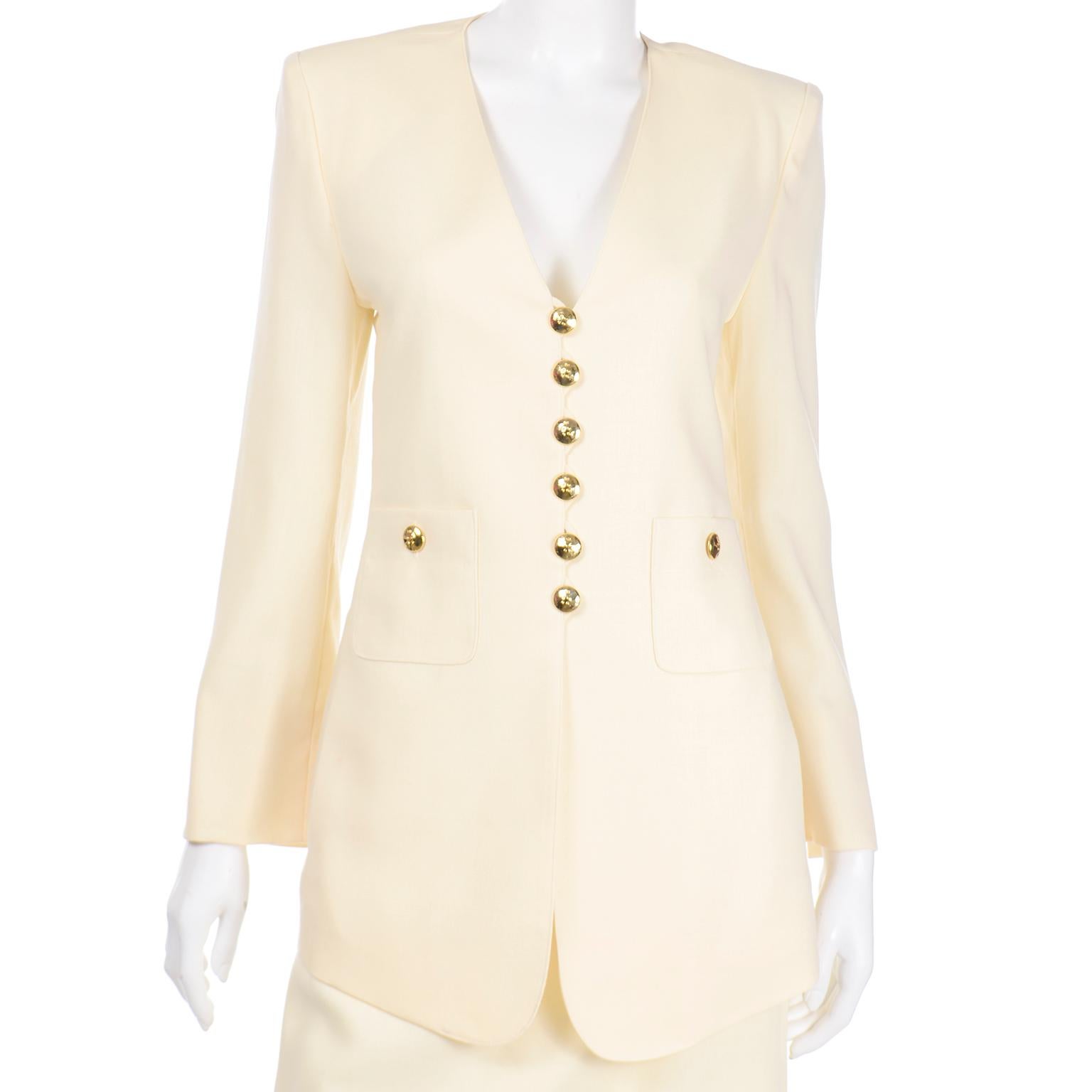 Sonia Rykiel Vintage Cream Wool Longline Blazer Jacket and Skirt Suit In Good Condition In Portland, OR