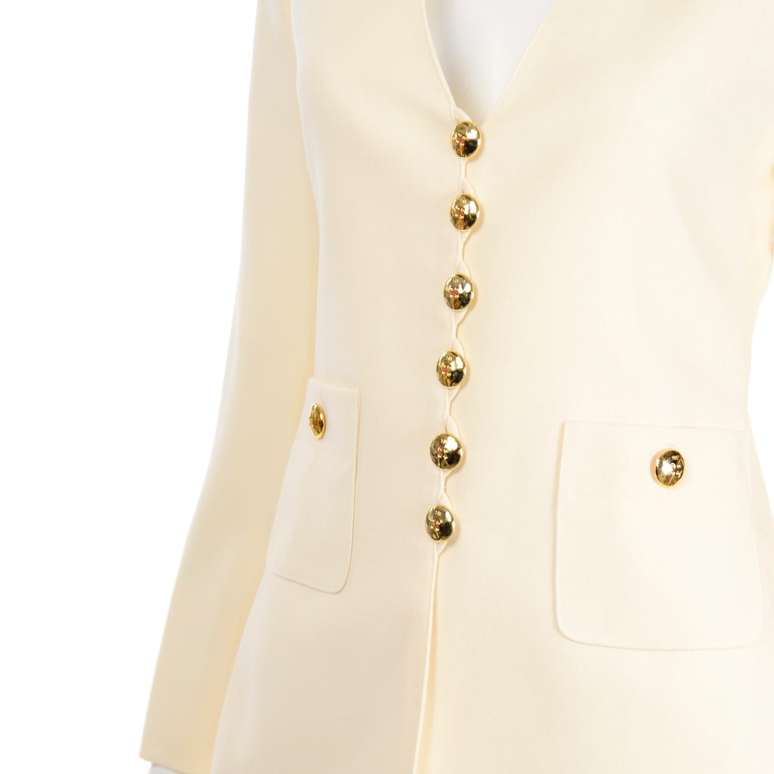 Women's Sonia Rykiel Vintage Cream Wool Longline Blazer Jacket and Skirt Suit