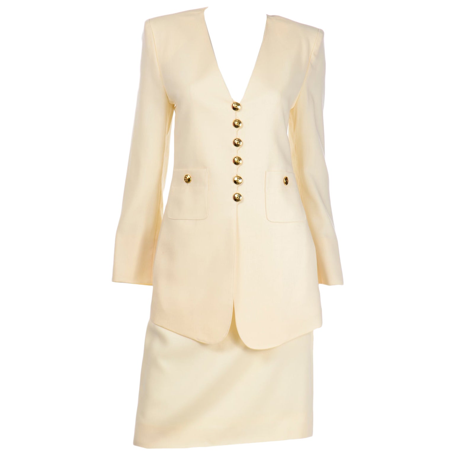 Traje de chaqueta y falda Sonia Rykiel Vintage Crema Lana Longline Blazer