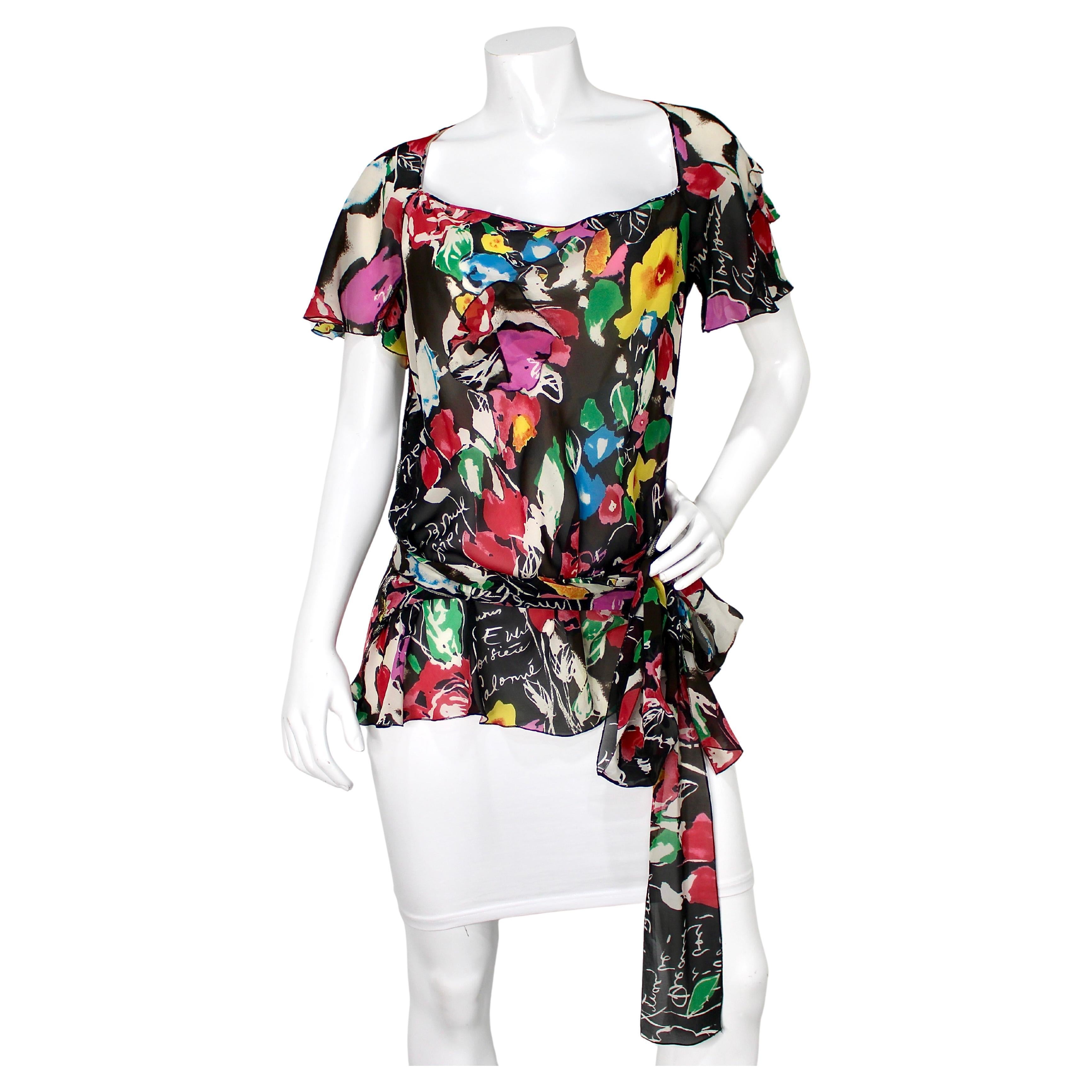 Sonia Rykiel Vintage Floral Print Silk Wrap Blouse For Sale