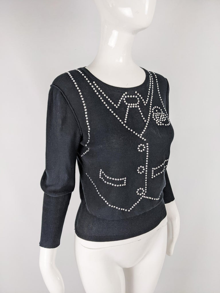 Sonia Rykiel Vintage Fun Black Rhinestone Beaded Knit Sweater In Good Condition In Doncaster, South Yorkshire