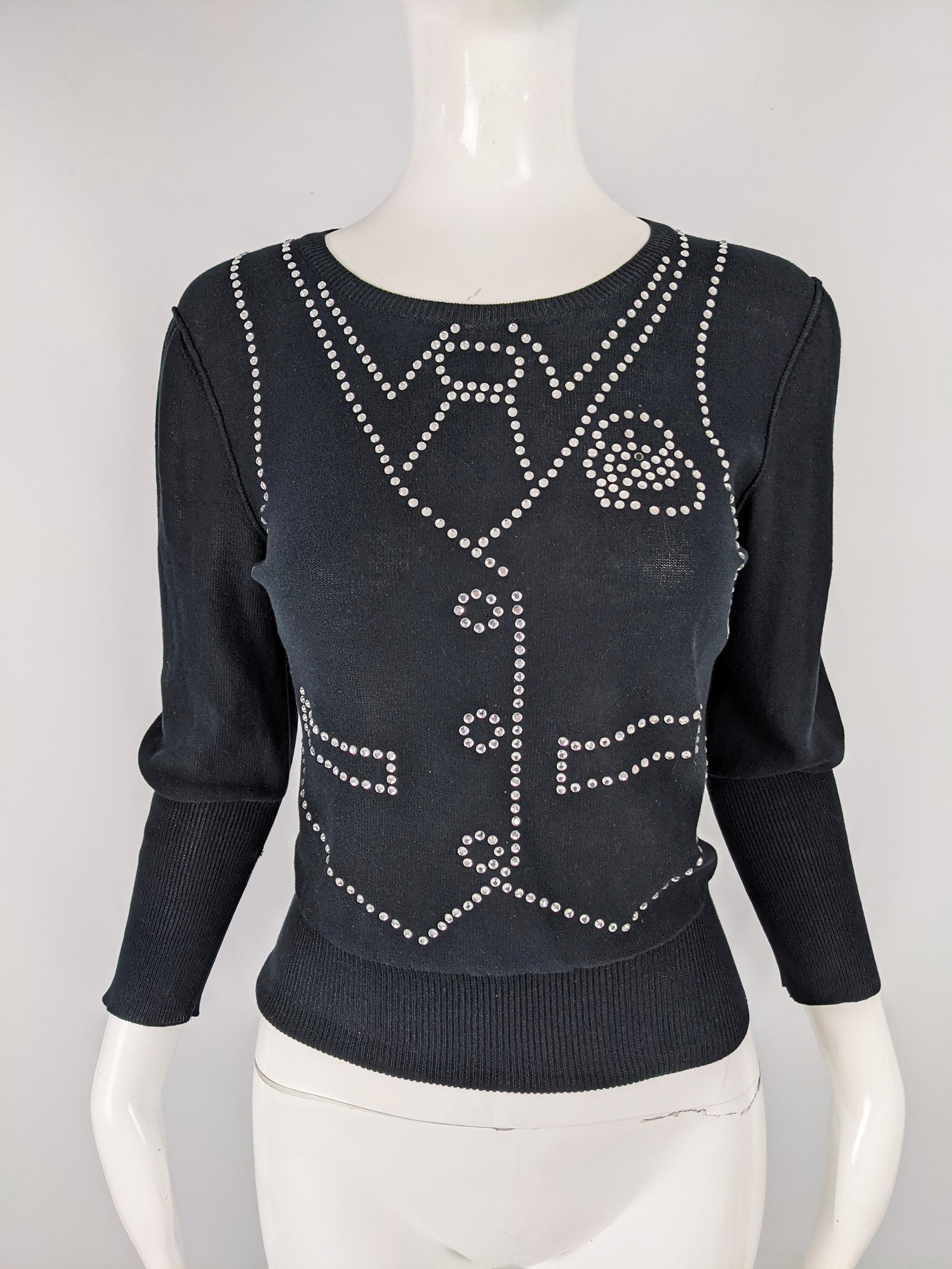 Women's Sonia Rykiel Vintage Fun Black Rhinestone Beaded Knit Sweater For Sale