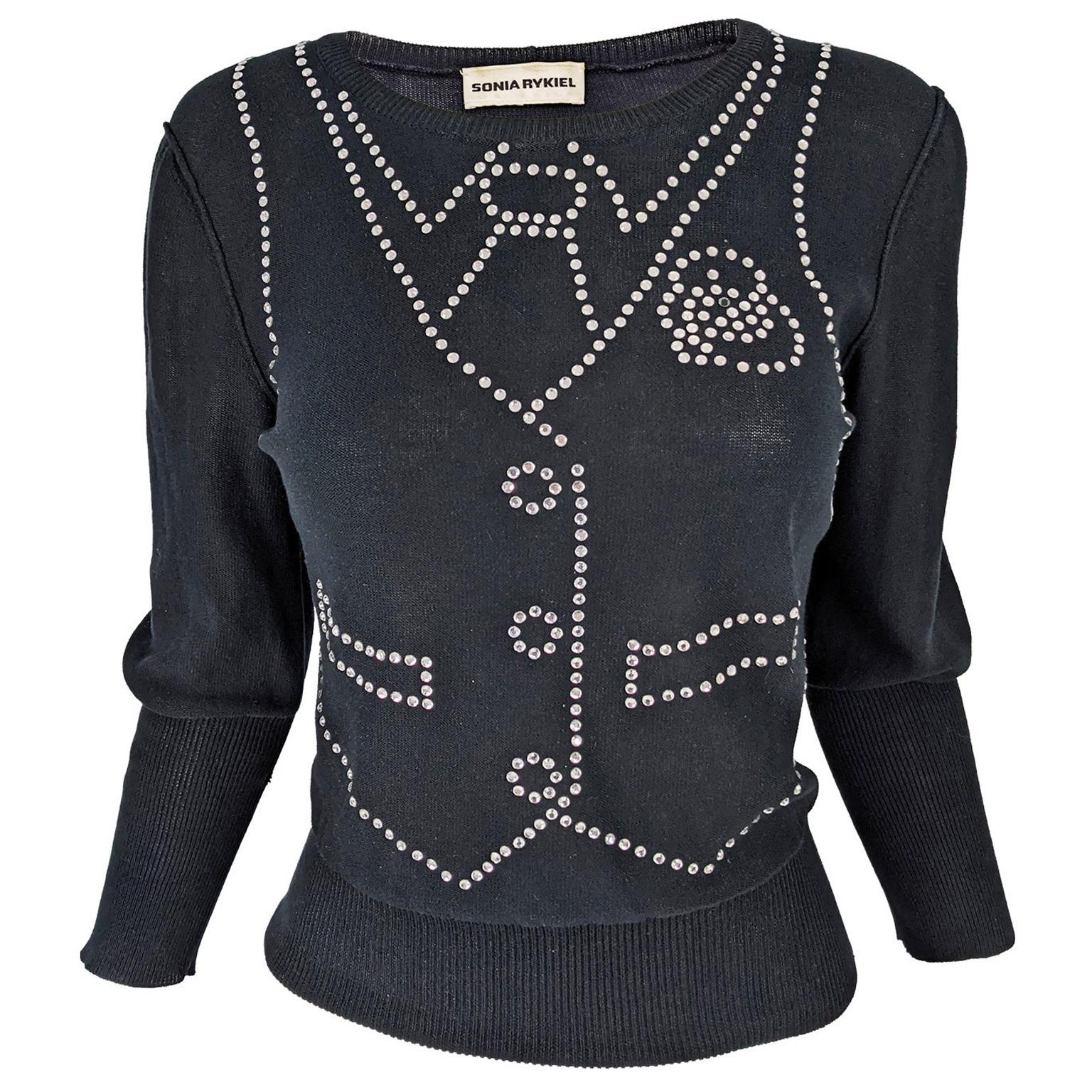 Sonia Rykiel Vintage Fun Black Rhinestone Beaded Knit Sweater For Sale