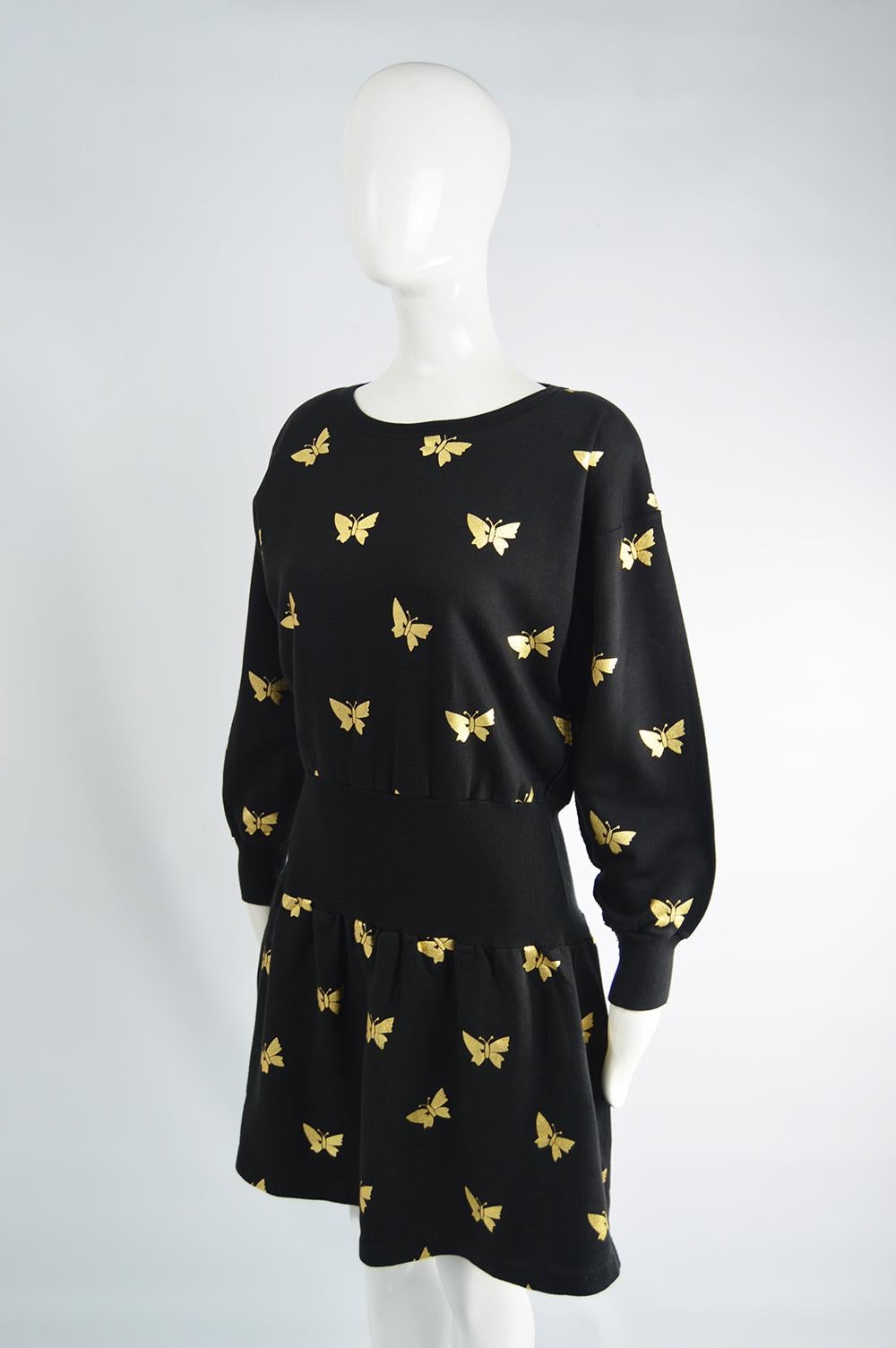 Black Sonia Rykiel Vintage Gold Butterfly Print Flared Skirt Sweatshirt Dress, 1980s For Sale