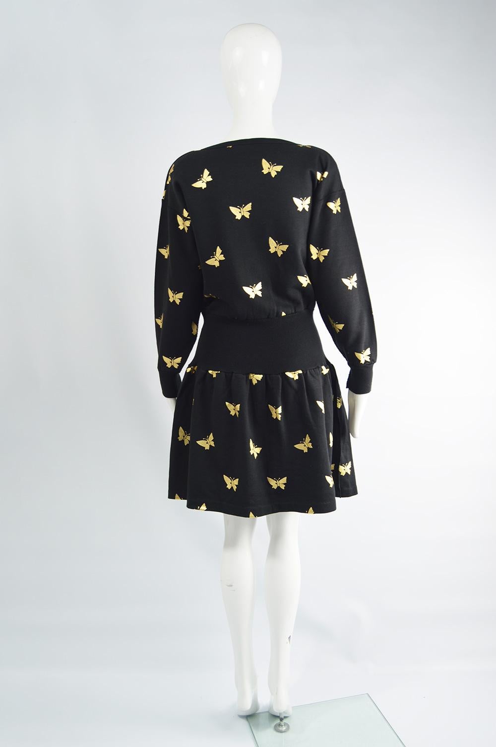 Sonia Rykiel Vintage Gold Butterfly Print Flared Skirt Sweatshirt Dress, 1980s In Excellent Condition For Sale In Doncaster, South Yorkshire