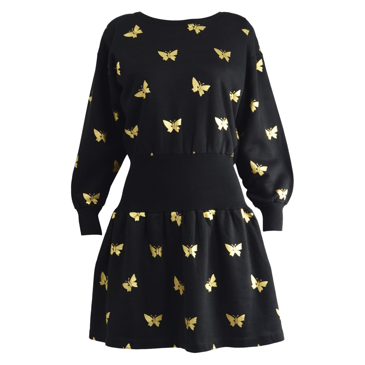 Sonia Rykiel Vintage Gold Butterfly Print Flared Skirt Sweatshirt Dress, 1980s For Sale