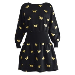 Sonia Rykiel Vintage Gold Butterfly Print Flared Skirt Sweatshirt Dress, 1980s
