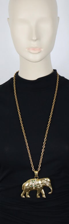 SONIA RYKIEL Vintage Massive Jewelled Gold Tone Elephant Pendant Necklace