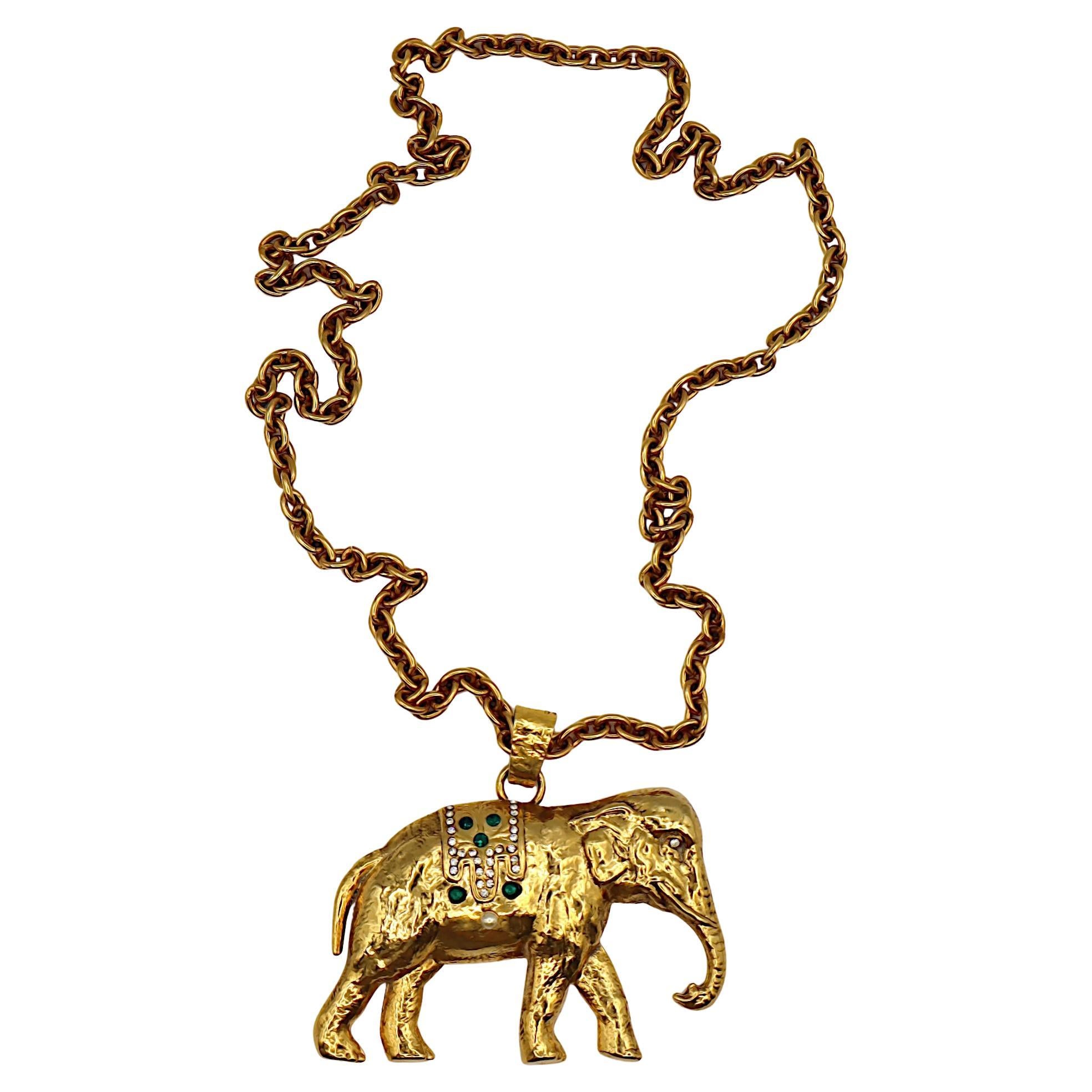 SONIA RYKIEL Vintage Massive Jewelled Gold Tone Elephant Pendant Necklace For Sale