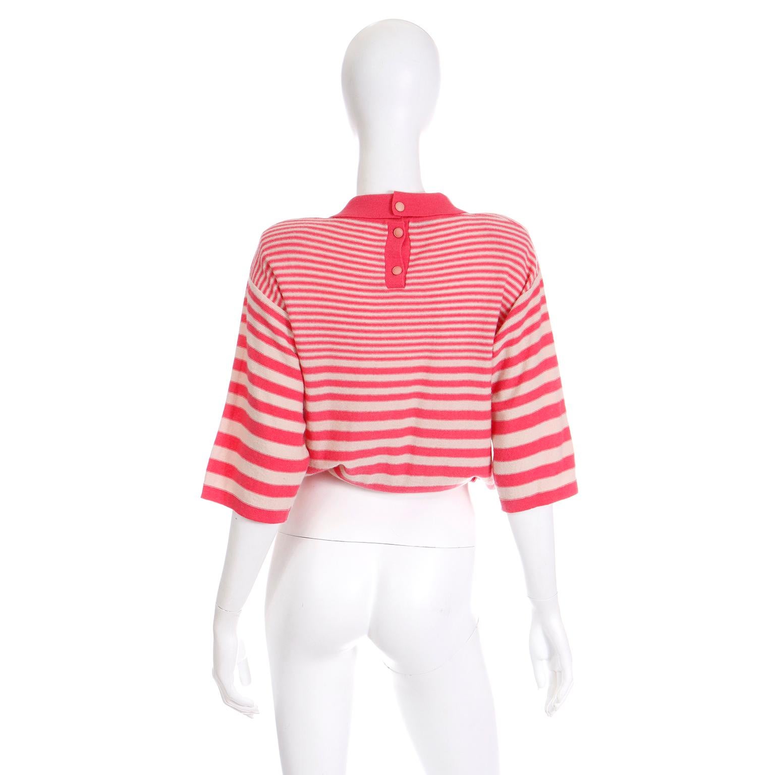Rose Sonia Rykiel - Pull en maille rayé rose des années 1980 avec emblème logo en vente