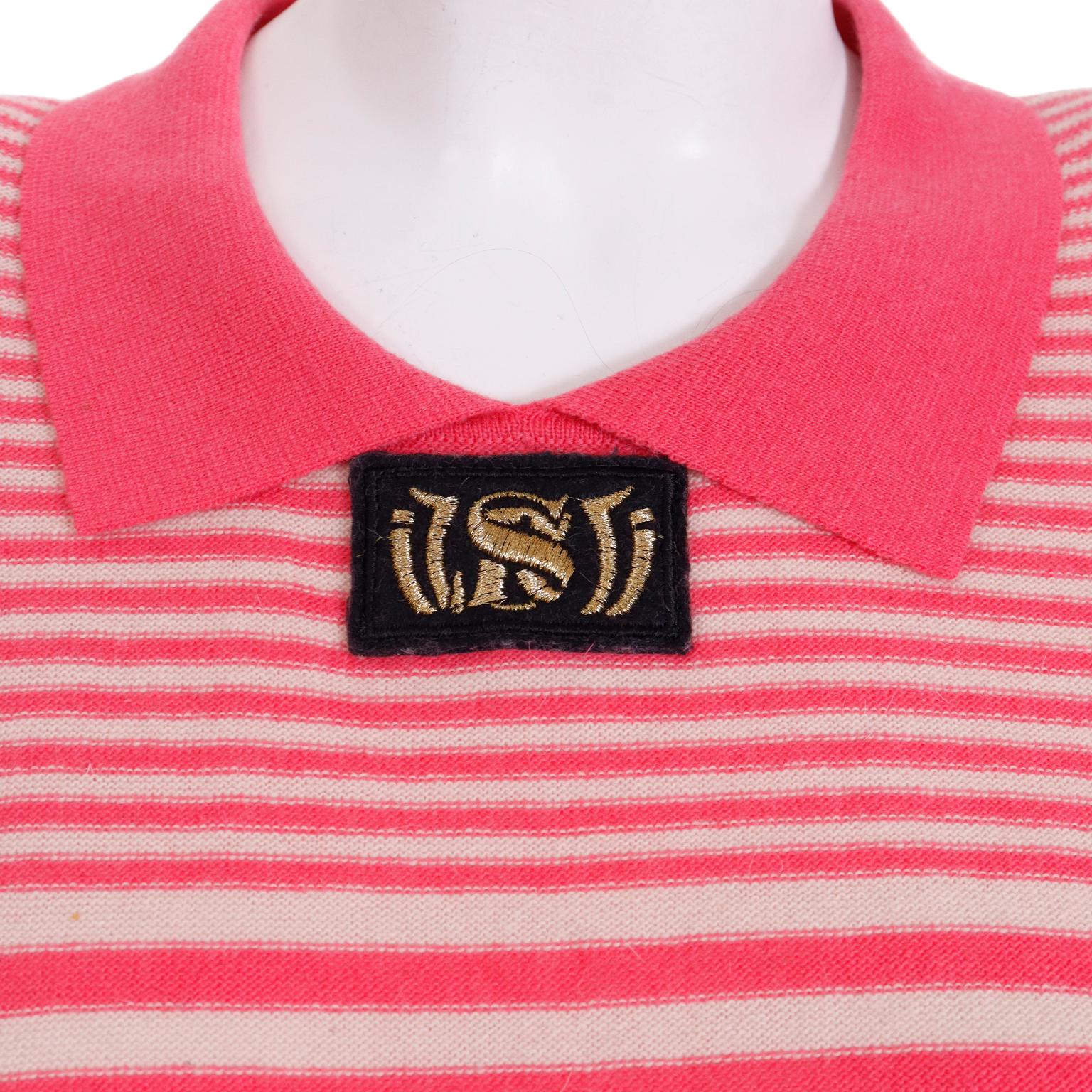 Sonia Rykiel Vintage Pink Striped 1980s Knit Sweater Top w Logo Emblem In Excellent Condition For Sale In Portland, OR