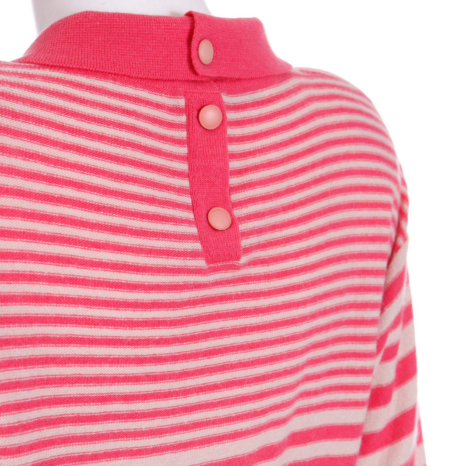 Women's Sonia Rykiel Vintage Pink Striped 1980s Knit Sweater Top w Logo Emblem For Sale