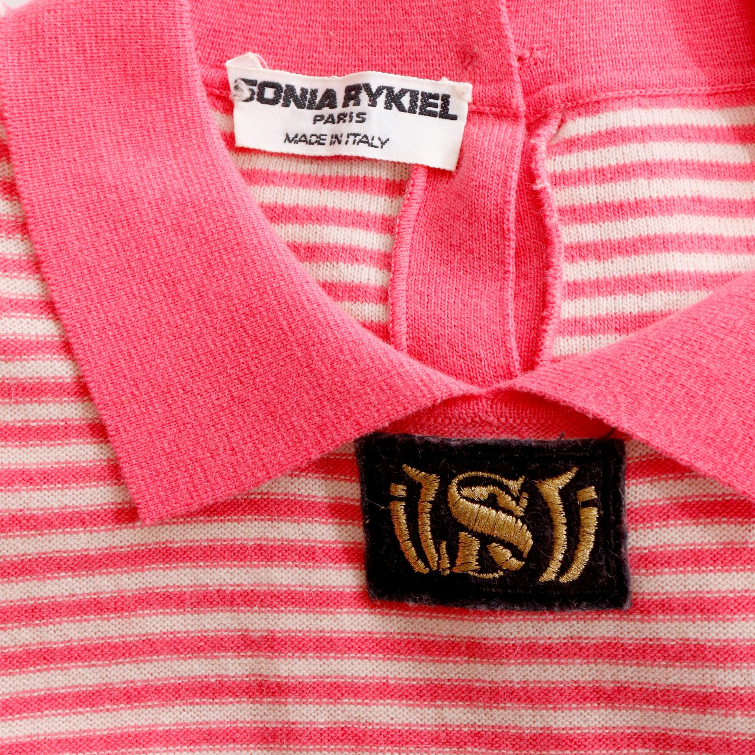 Sonia Rykiel Vintage Pink Striped 1980s Knit Sweater Top w Logo Emblem For Sale 1